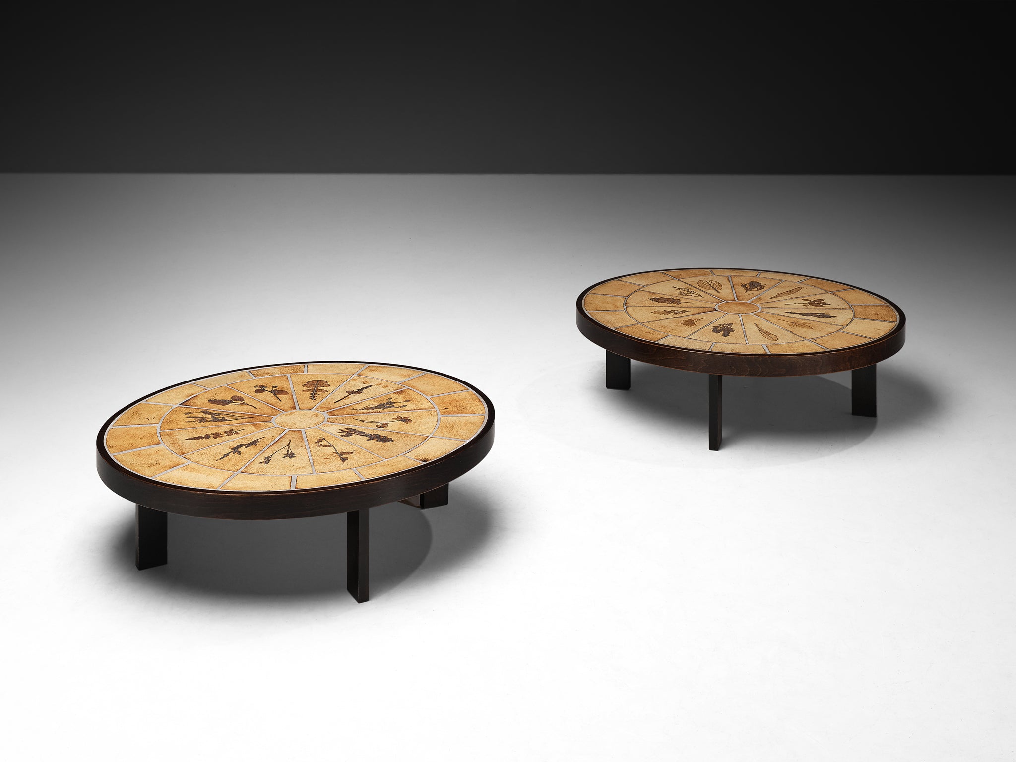 Roger Capron Round Pair of Coffees Table with Floral Imprints in Ceramic and Wood Tables Morentz