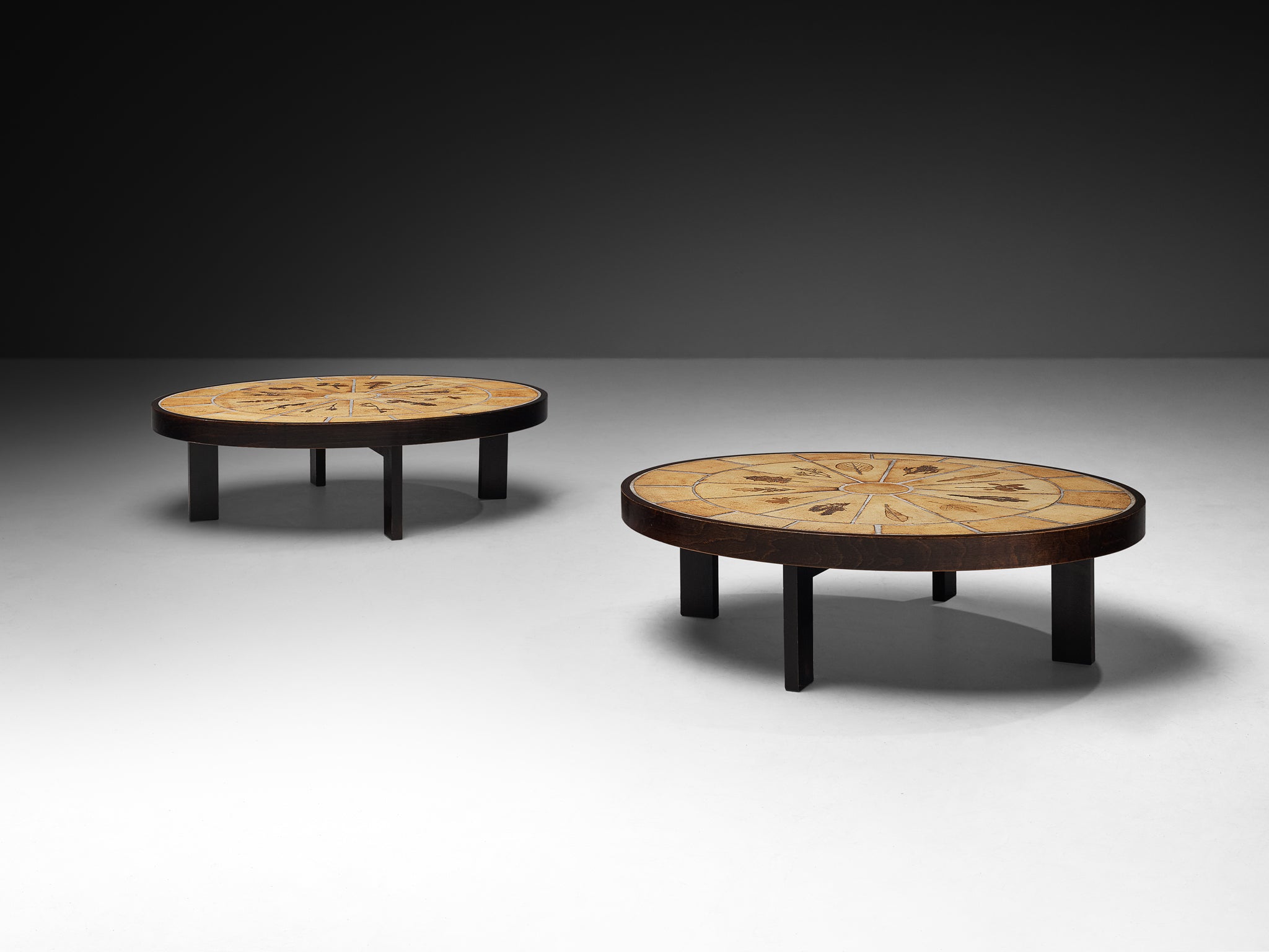 Roger Capron Oval Pair of Coffee Tables with Floral Imprints in Ceramic and Wood Tables Morentz