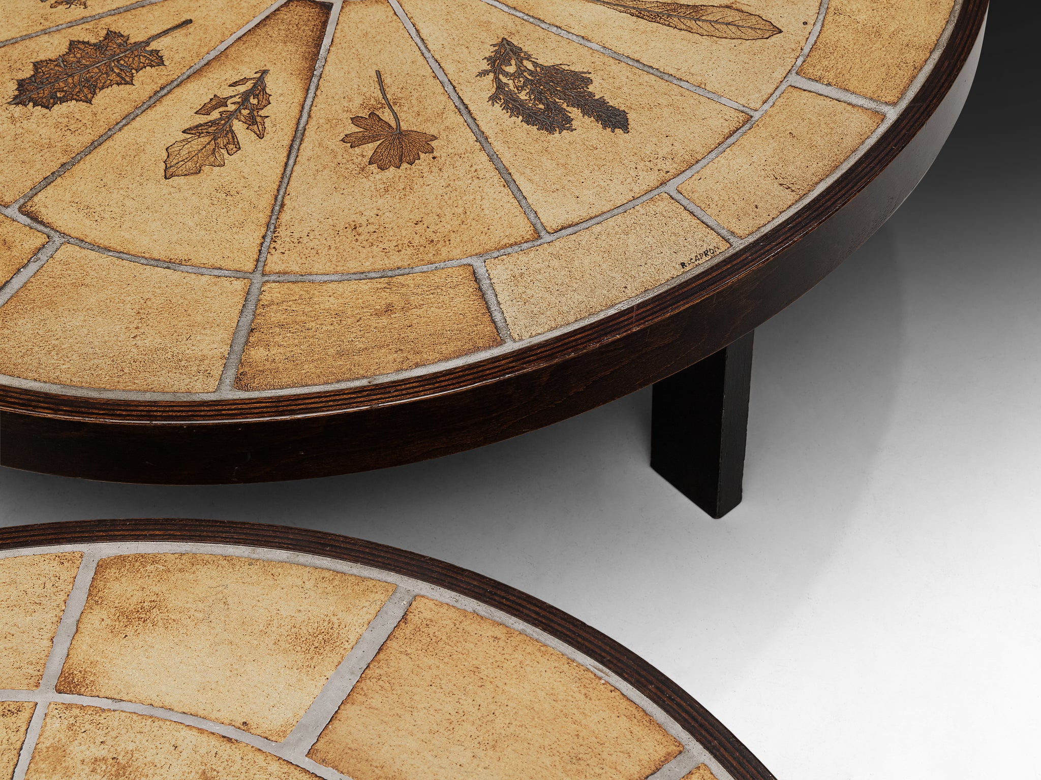 Roger Capron Oval Pair of Coffee Tables with Floral Imprints in Ceramic and Wood Tables Morentz
