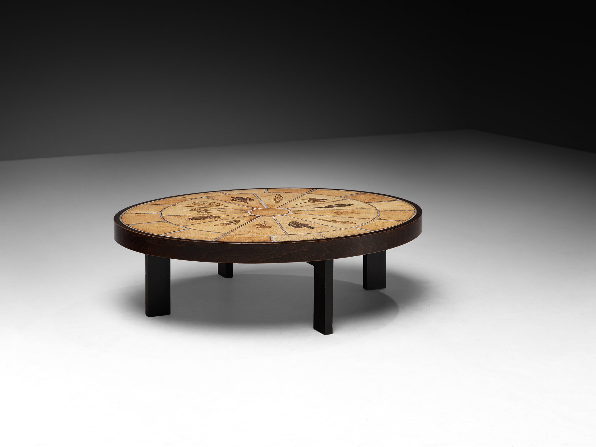 Roger Capron Round Pair of Coffees Table with Floral Imprints in Ceramic and Wood Tables Morentz
