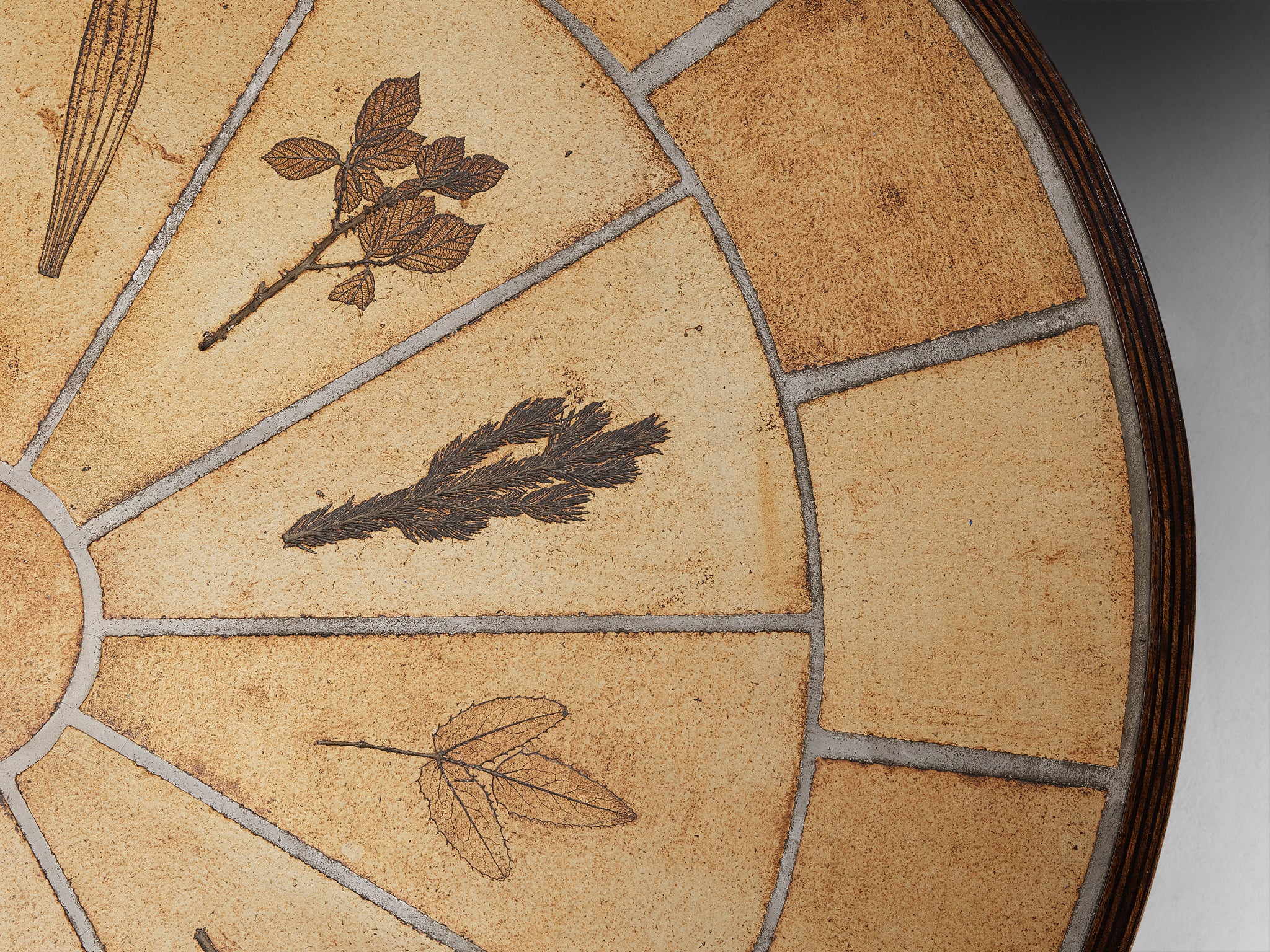 Roger Capron Oval Pair of Coffee Tables with Floral Imprints in Ceramic and Wood Tables Morentz