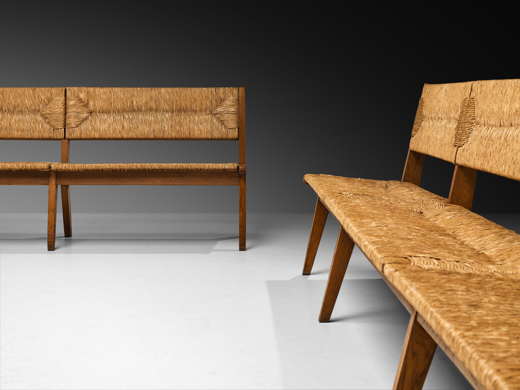 Mid-Century Long Benches in Oak and Straw Seating Morentz