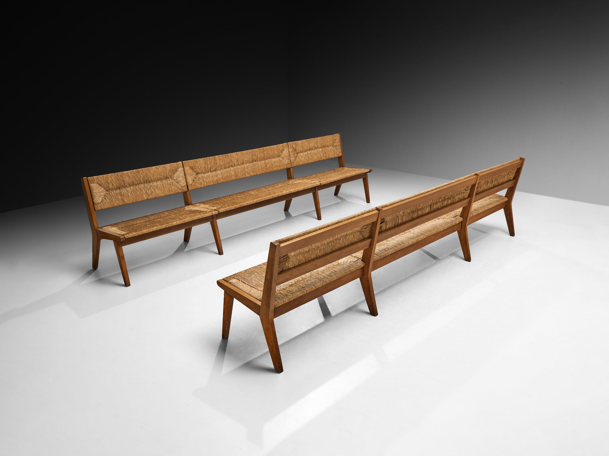 Mid-Century Long Benches in Oak and Straw Seating Morentz