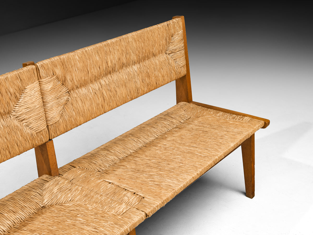 Mid-Century Long Bench in Oak and Straw Seating Morentz