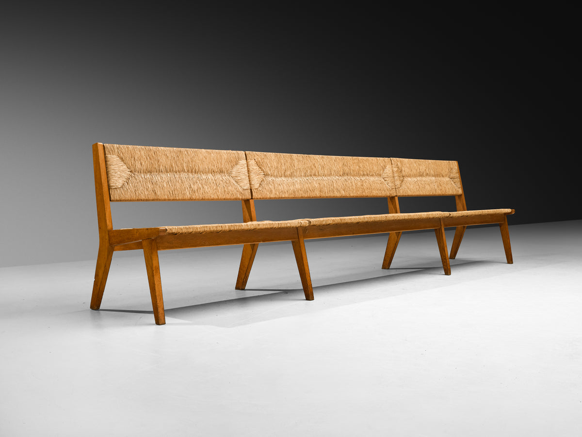 Mid-Century Long Bench in Oak and Straw Seating Morentz