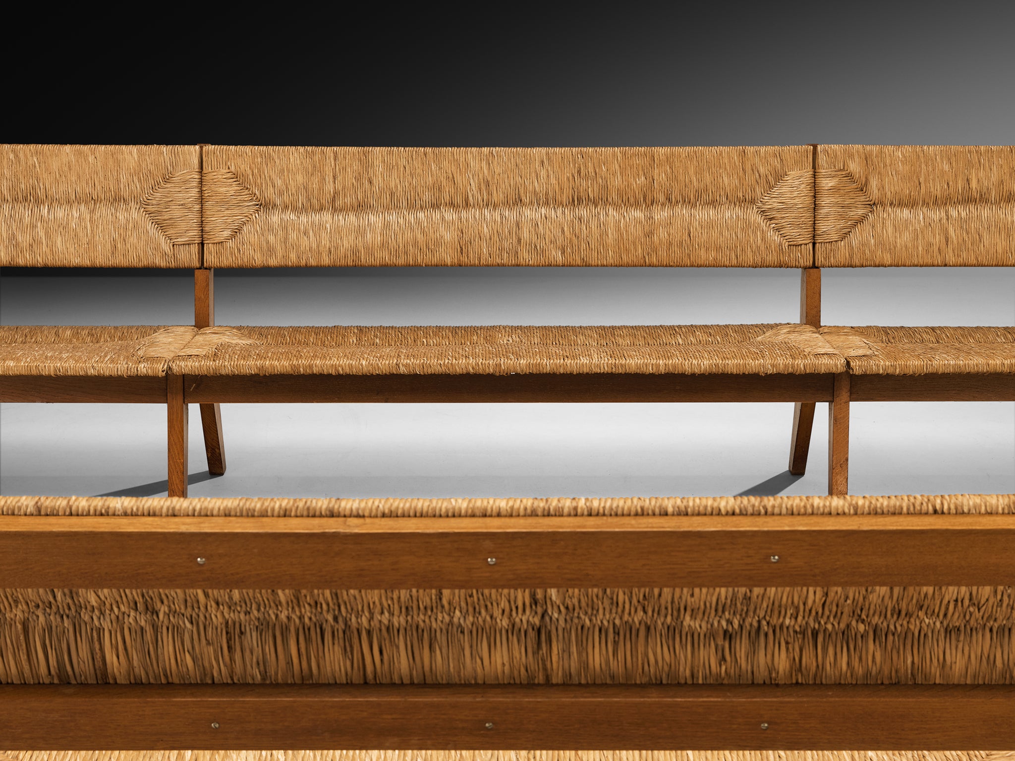 Mid-Century Long Benches in Oak and Straw Seating Morentz