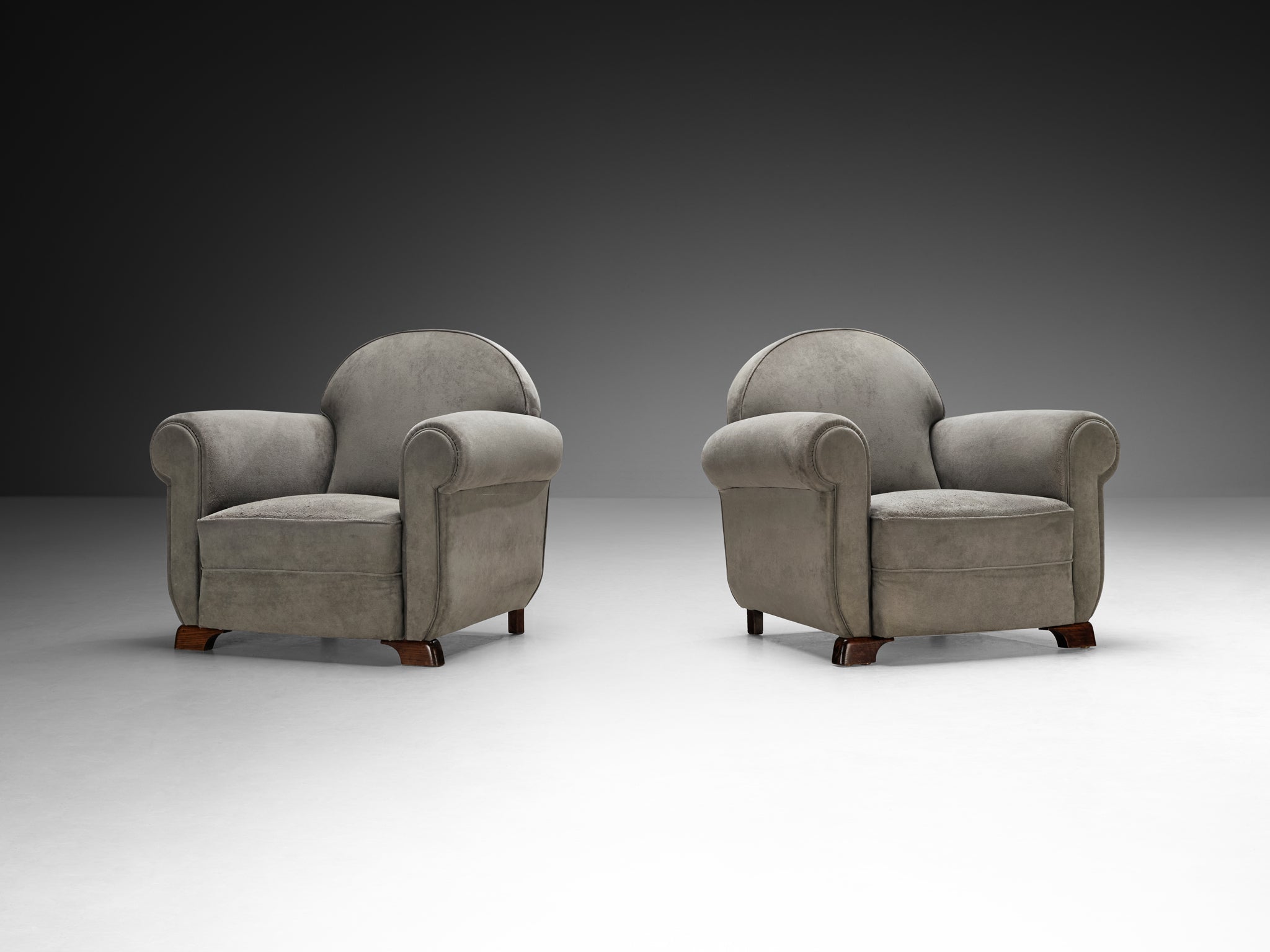 Pair of Bulky Mid-Century Lounge Chairs in Grey Alcantara Seating Morentz