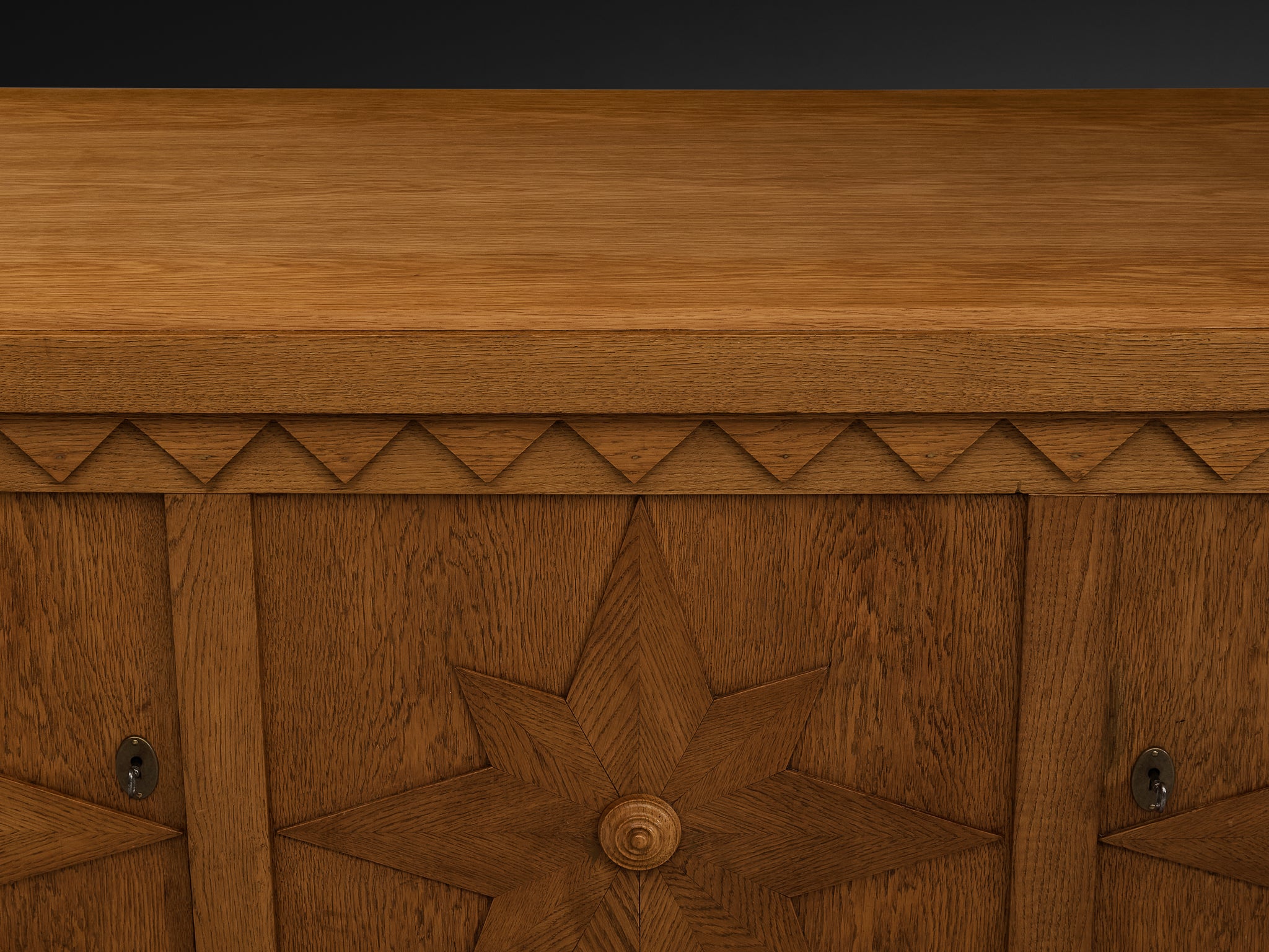 French 1940s Sideboard with Carved Star Motif in Oak Case pieces and storage cabinets Morentz