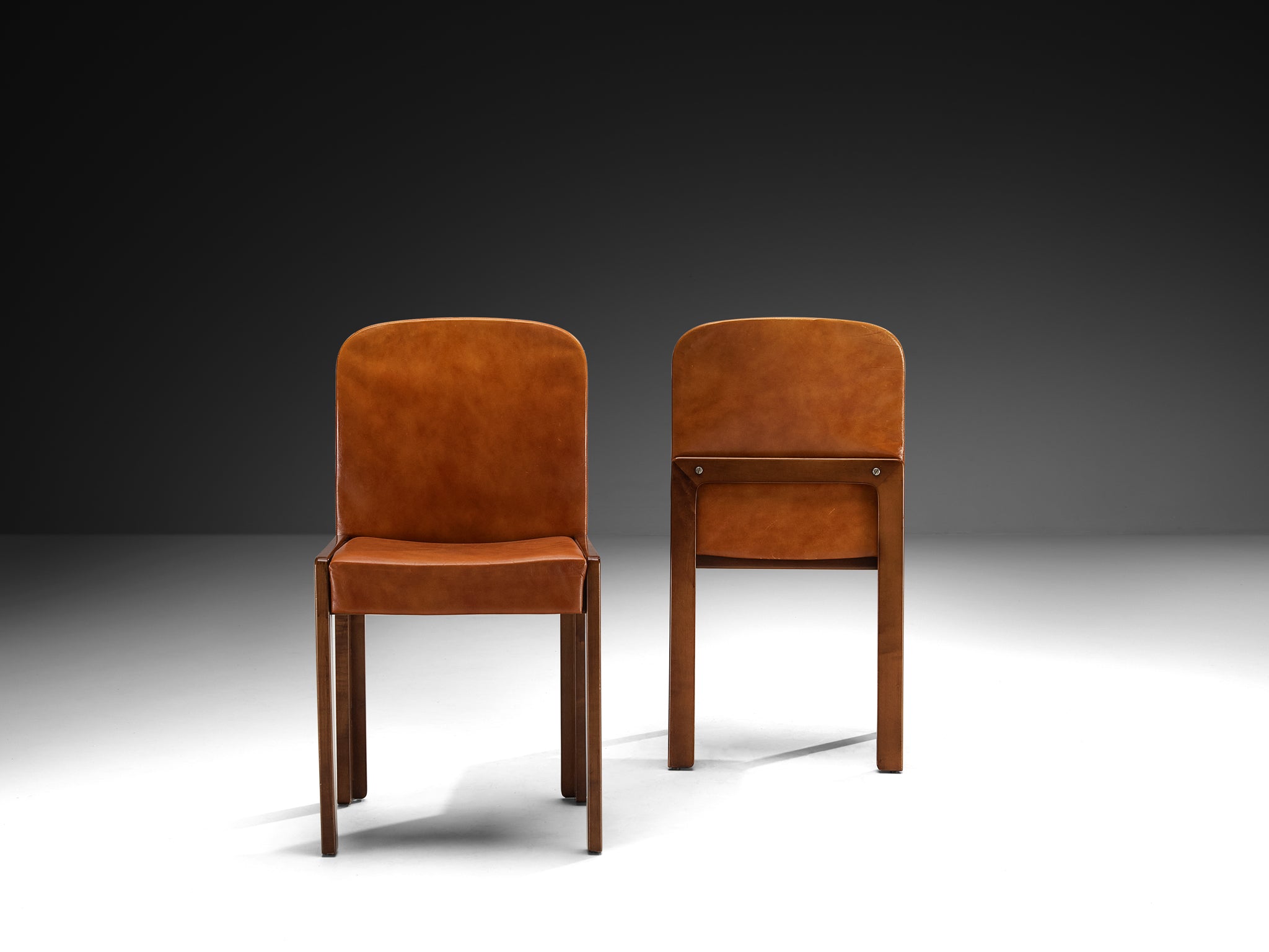 Post-Modern Set of Six Italian Ash Wood Dining Chairs in Cognac Faux Leather Seating Morentz