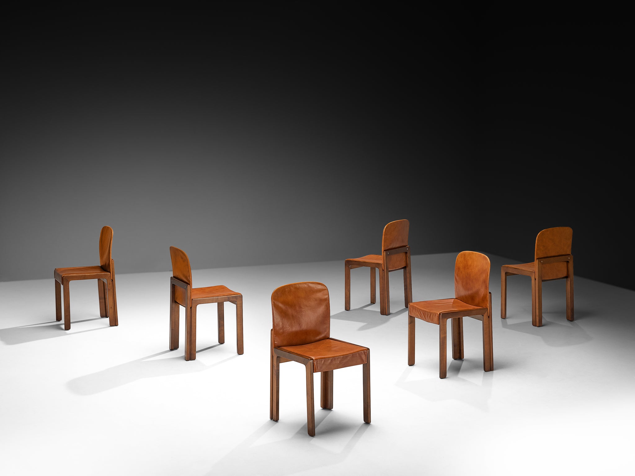Post-Modern Set of Six Italian Ash Wood Dining Chairs in Cognac Faux Leather Seating Morentz