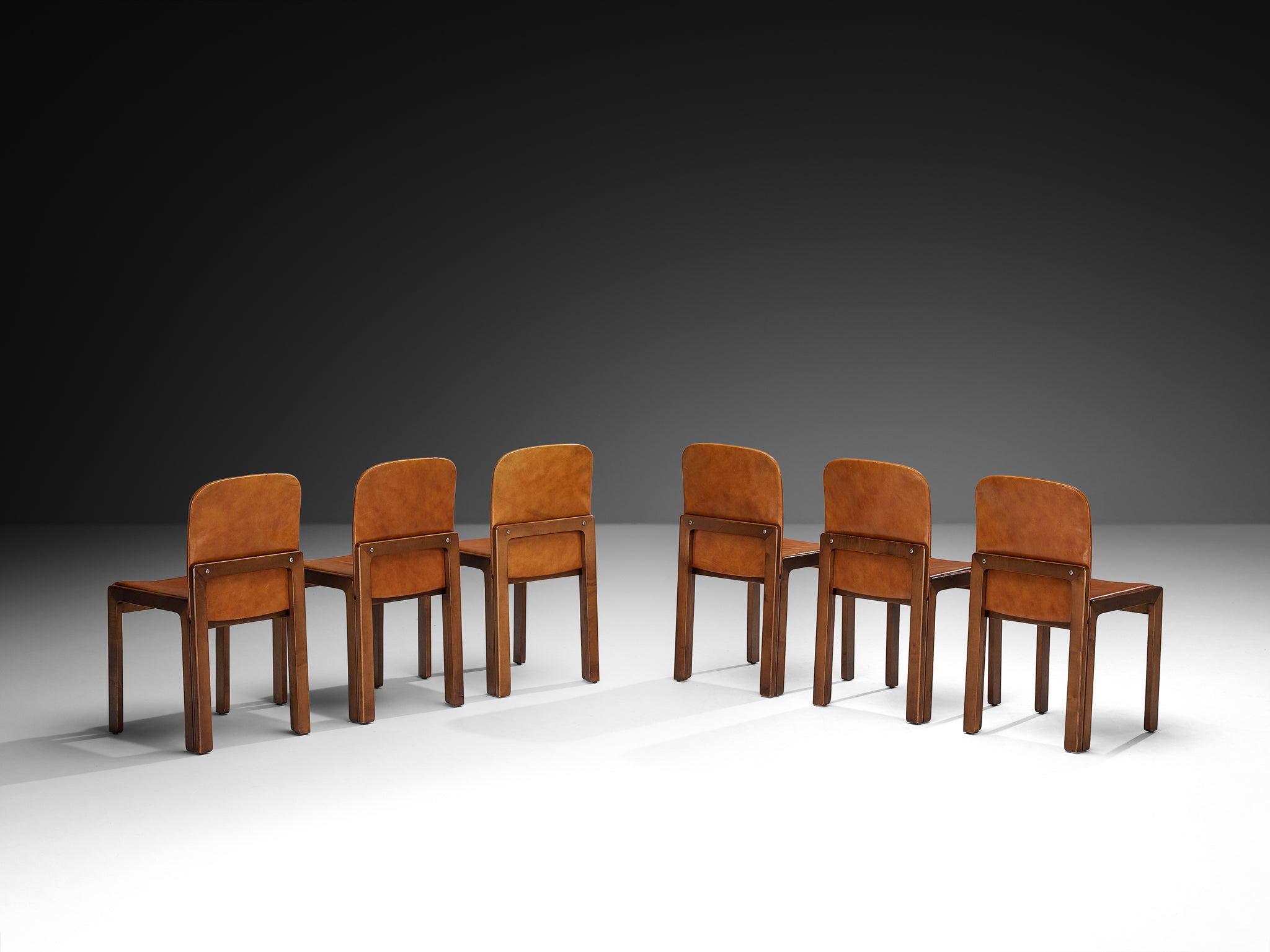 Post-Modern Set of Six Italian Ash Wood Dining Chairs in Cognac Faux Leather Seating Morentz