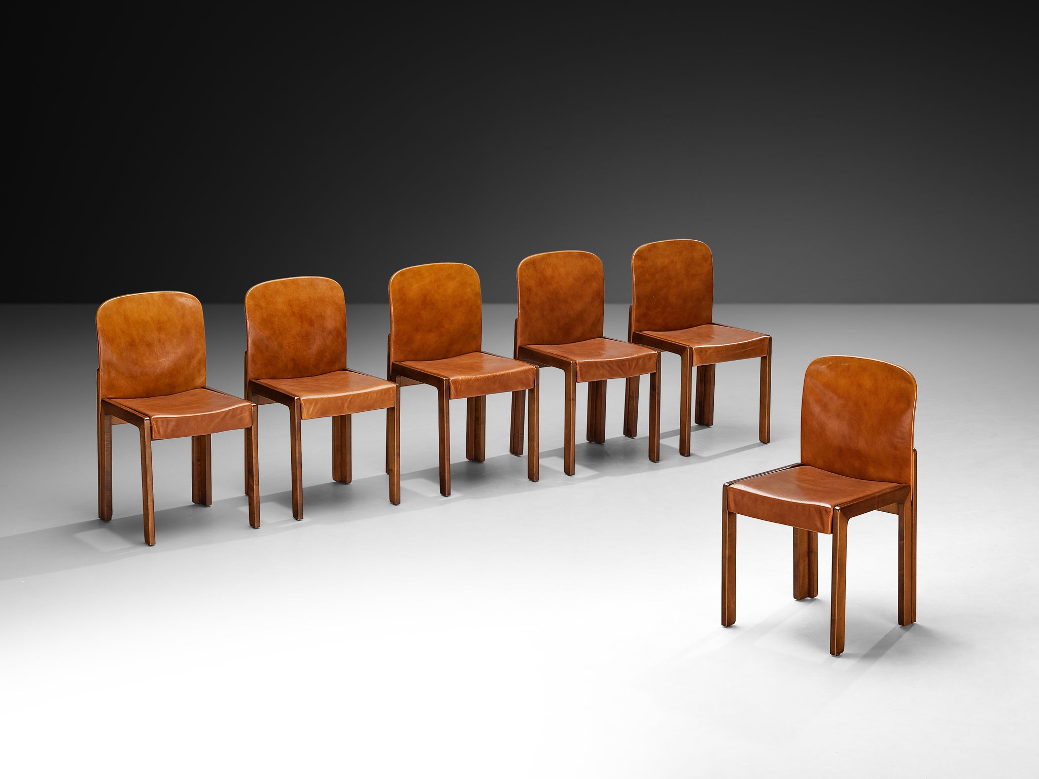 Post-Modern Set of Six Italian Ash Wood Dining Chairs in Cognac Faux Leather Seating Morentz