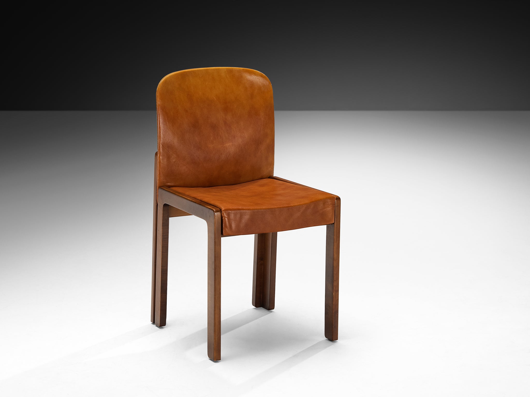 Post-Modern Set of Six Italian Ash Wood Dining Chairs in Cognac Faux Leather Seating Morentz