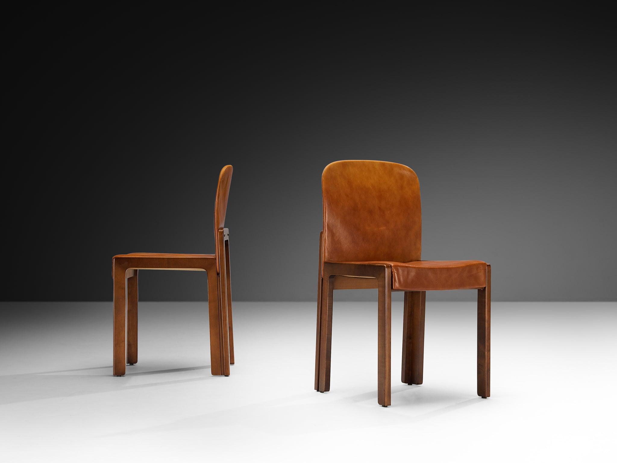 Post-Modern Set of Six Italian Ash Wood Dining Chairs in Cognac Faux Leather Seating Morentz