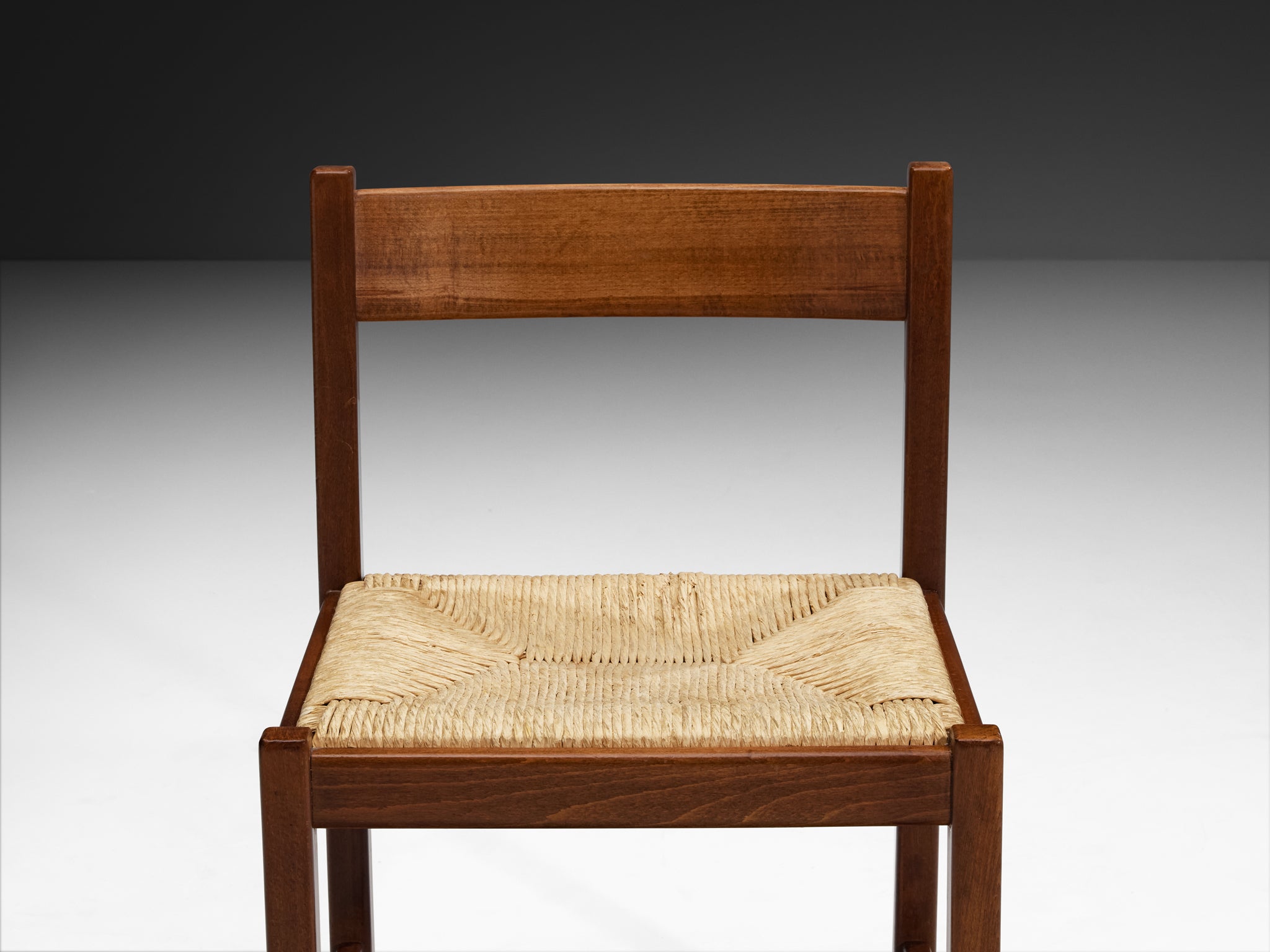Italian Post-Modern Set of Six Dining Chairs in Wood and Rush Seating Morentz