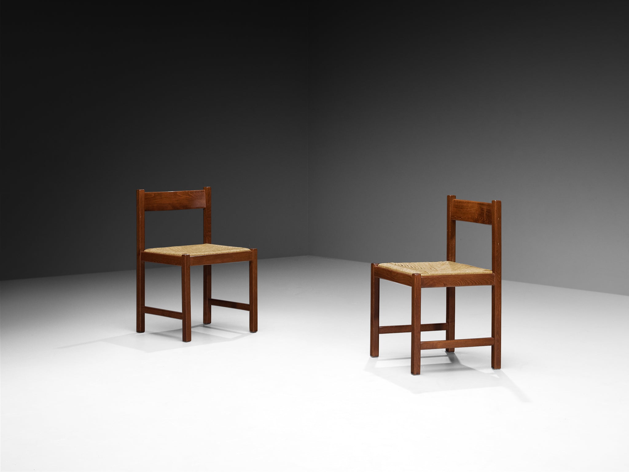 Italian Post-Modern Set of Six Dining Chairs in Wood and Rush Seating Morentz