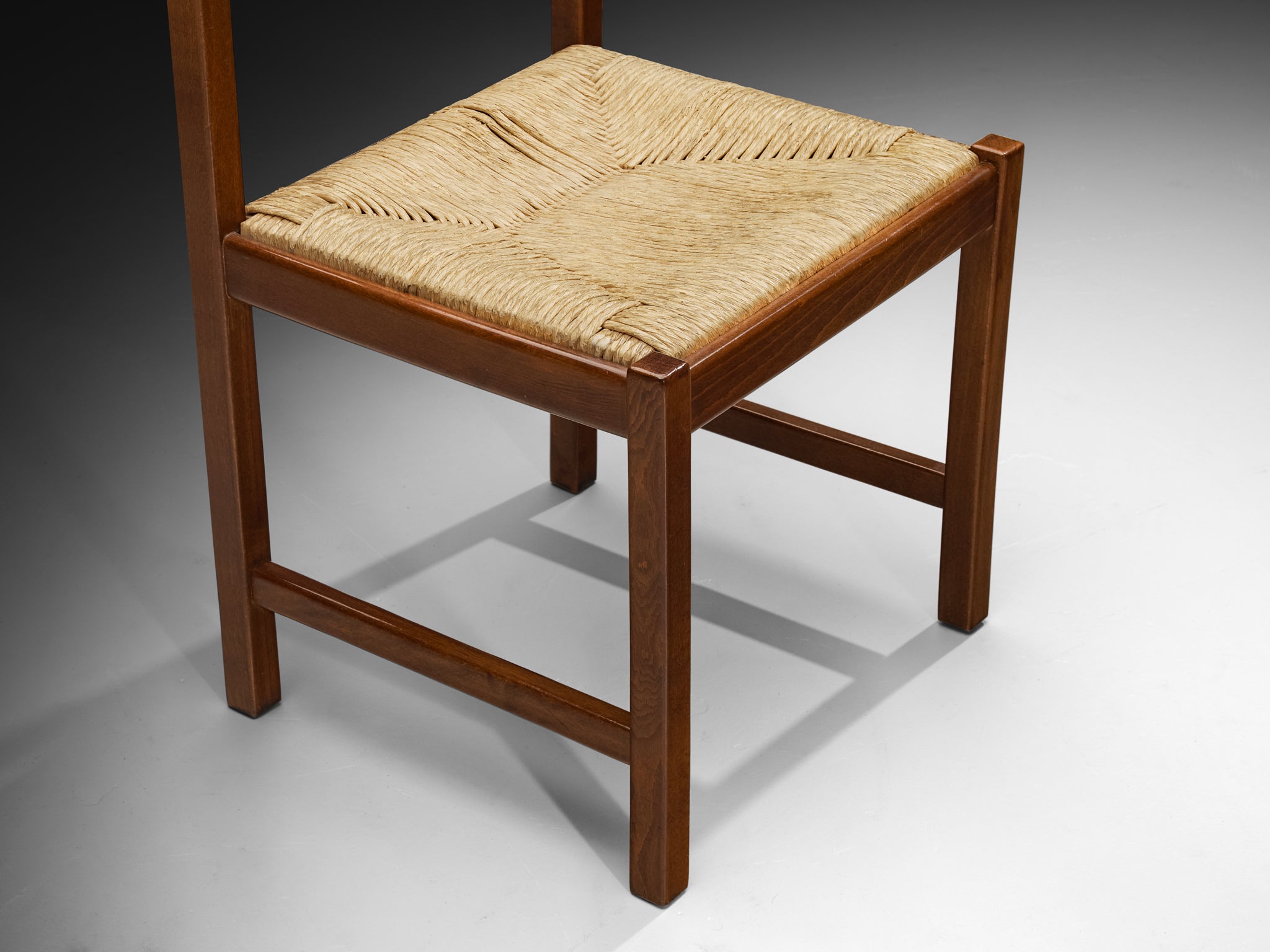 Italian Post-Modern Set of Six Dining Chairs in Wood and Rush Seating Morentz