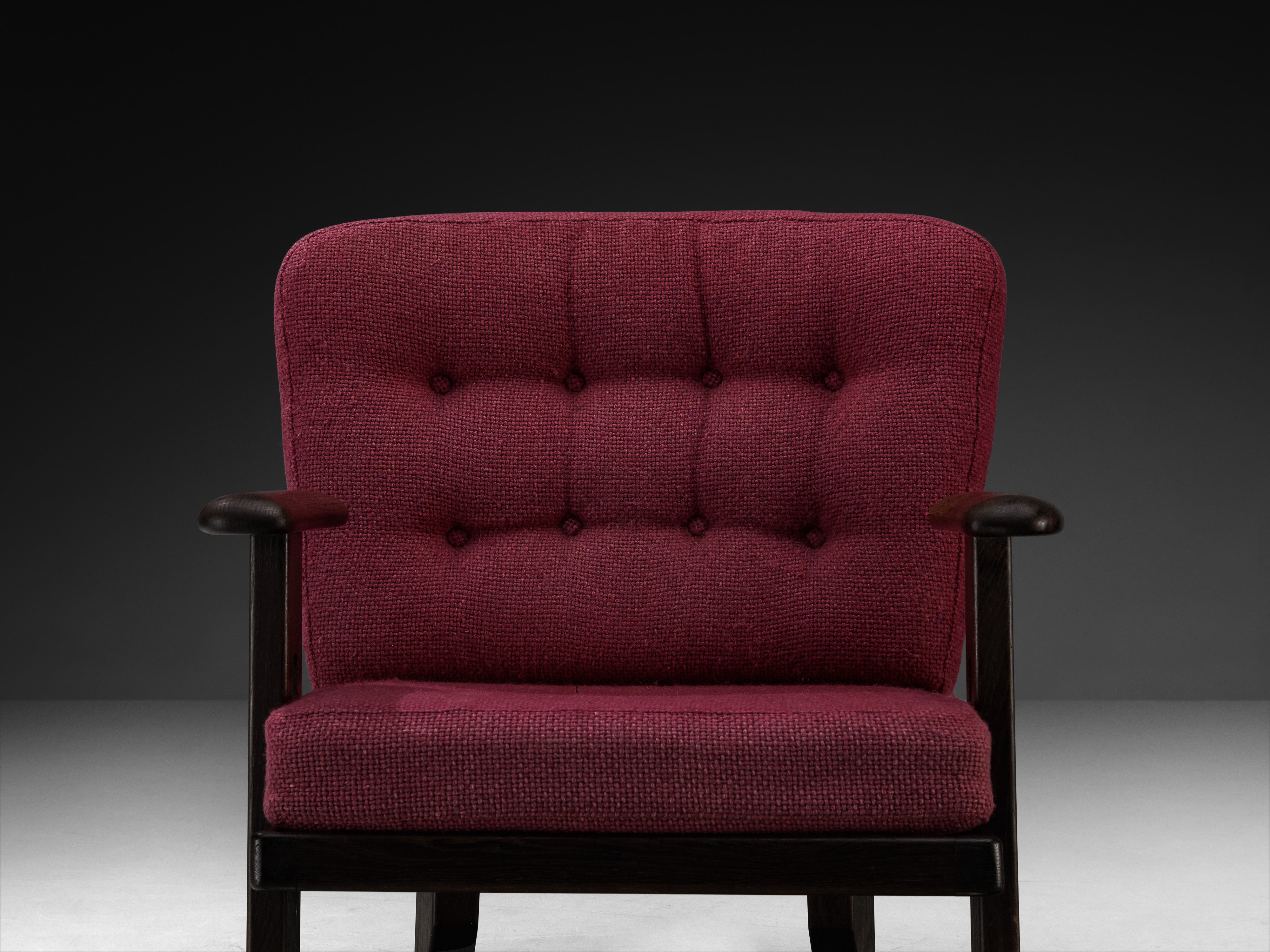 Guillerme & Chambron Lounge Chair in Stained Oak and Purple Wool Seating Morentz
