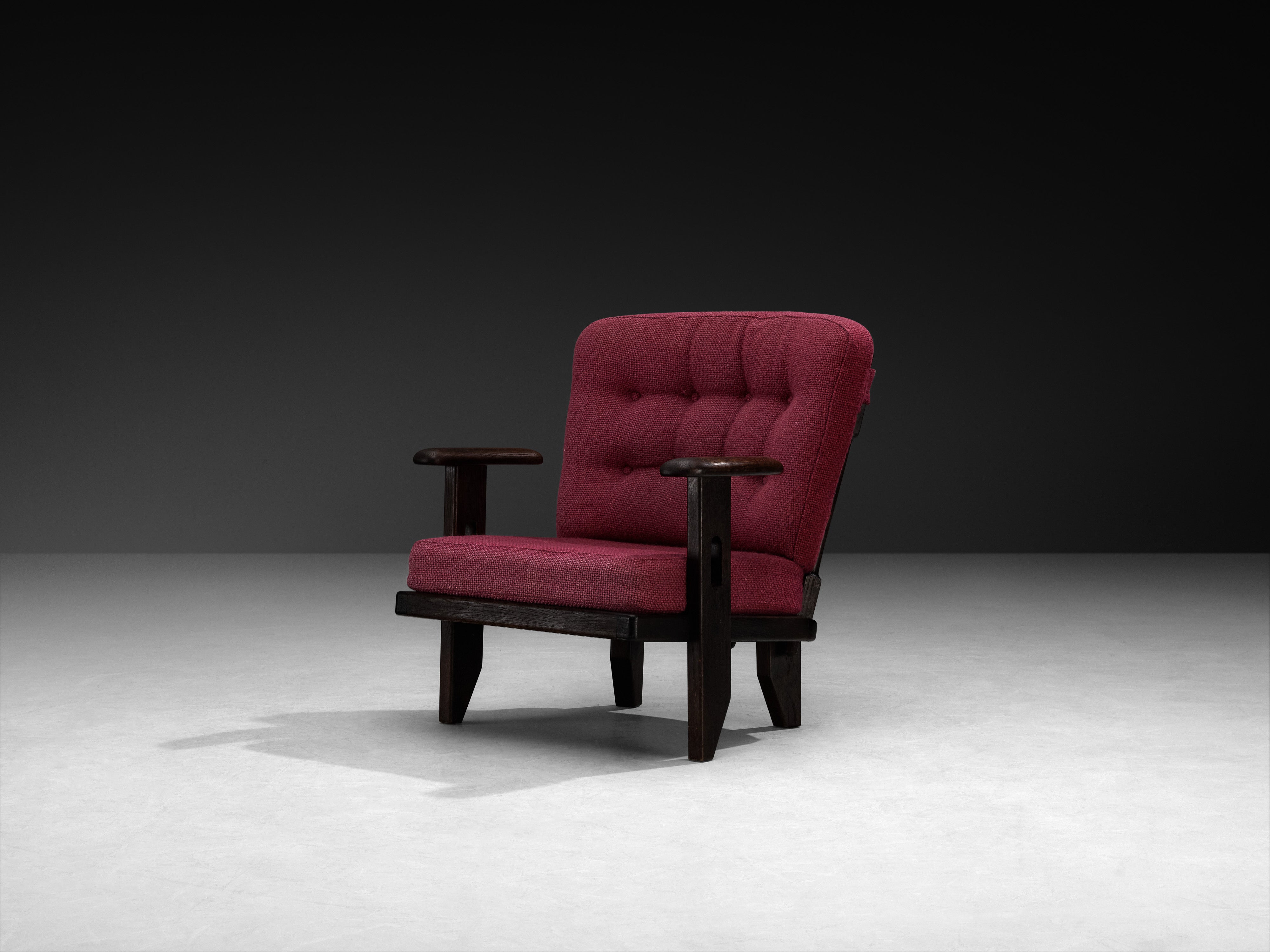 Guillerme & Chambron Lounge Chair in Stained Oak and Purple Wool Seating Morentz