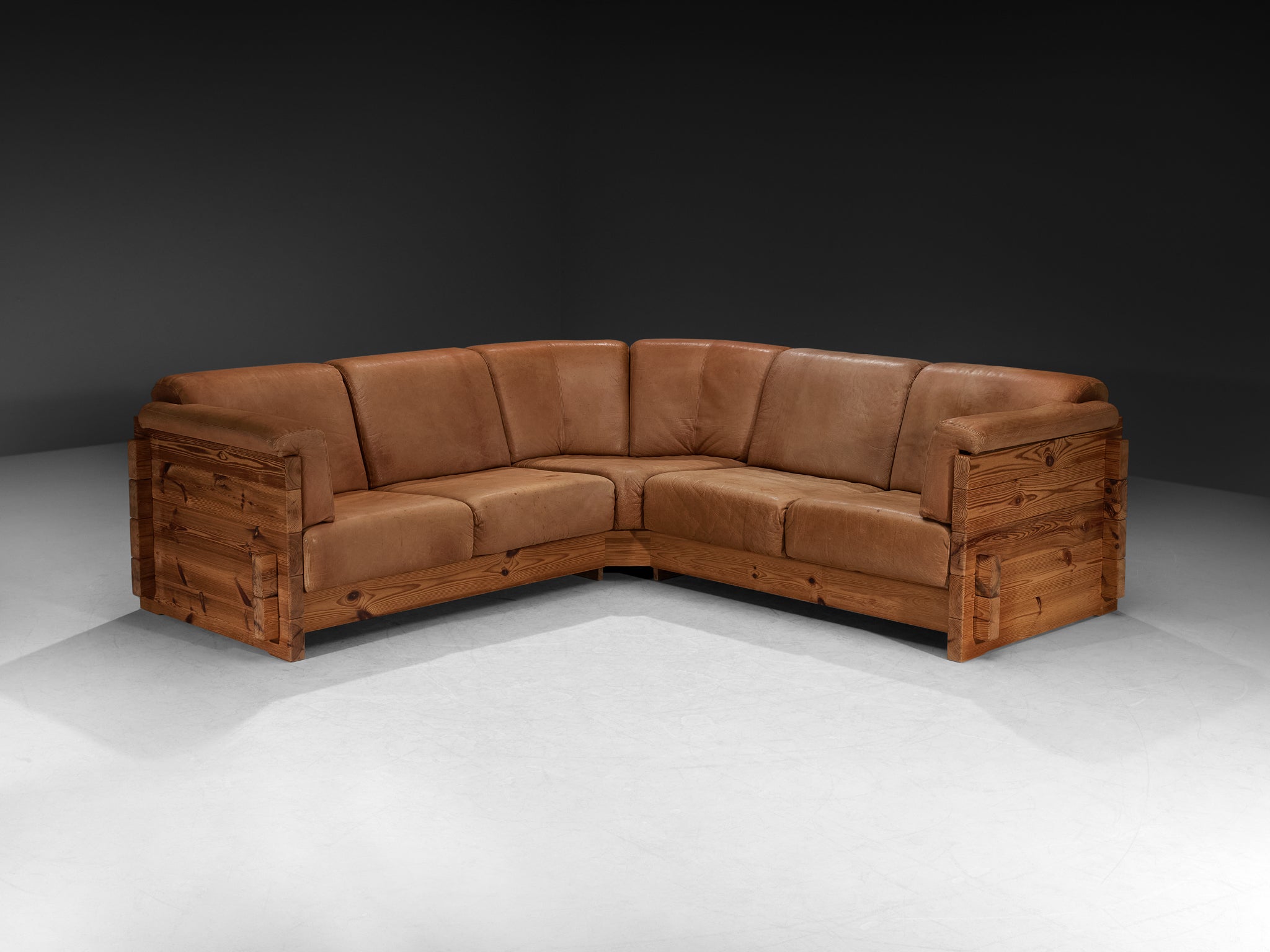 Hans Jørgen Frydendal for Modul Bygge System Corner Sofa in Solid Pine and Cognac Leather Seating Morentz