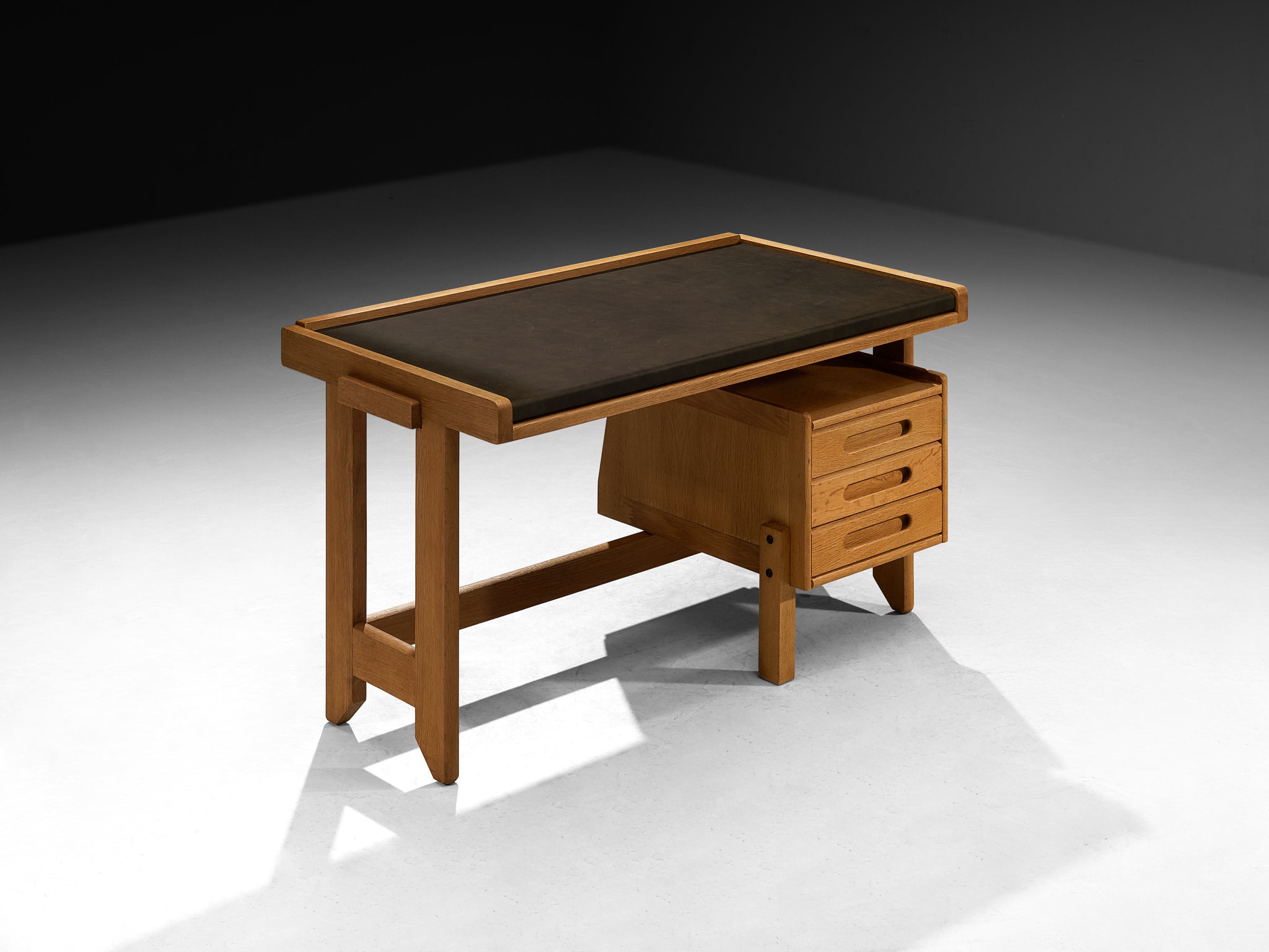 Guillerme & Chambron Writing Desk in Solid Oak and Black Leather Tables Morentz