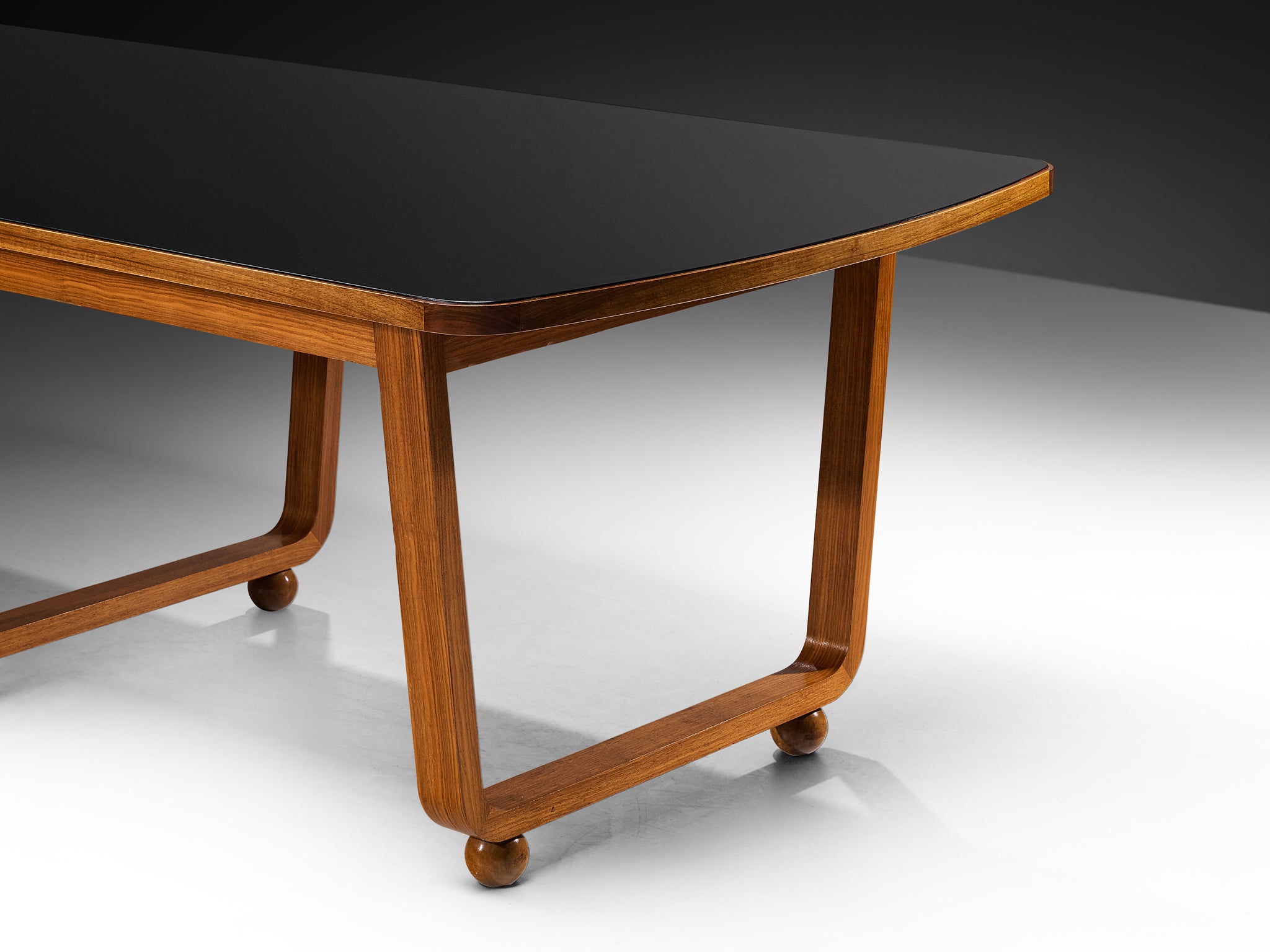 French Modernist Dining Table in Walnut and Black Glass Tables Morentz