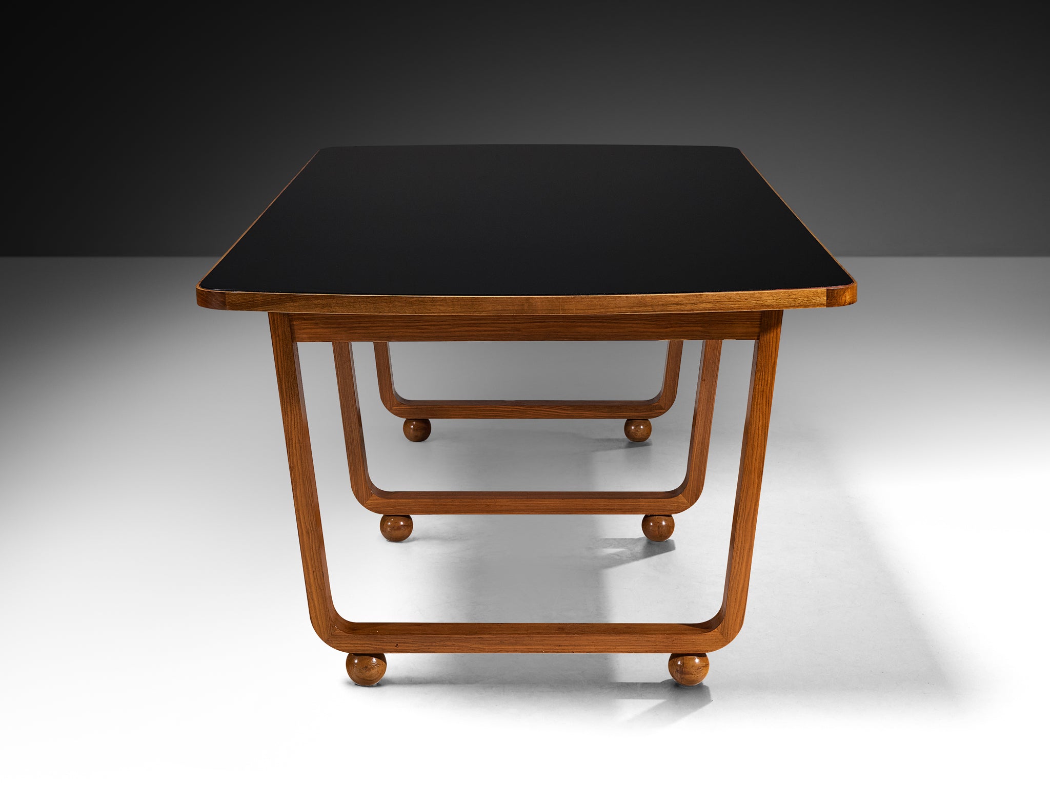 French Modernist Dining Table in Walnut and Black Glass Tables Morentz