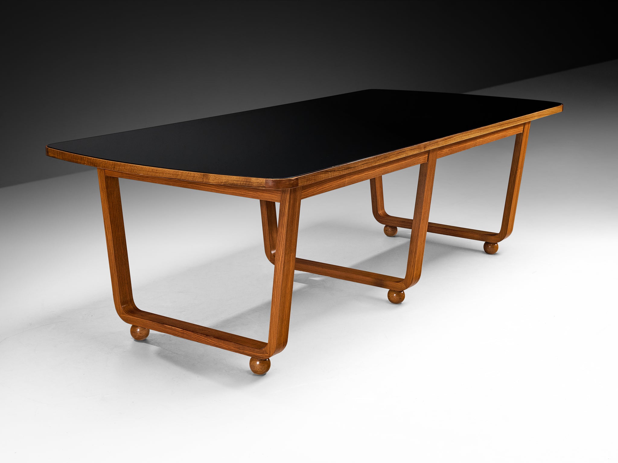 French Modernist Dining Table in Walnut and Black Glass Tables Morentz