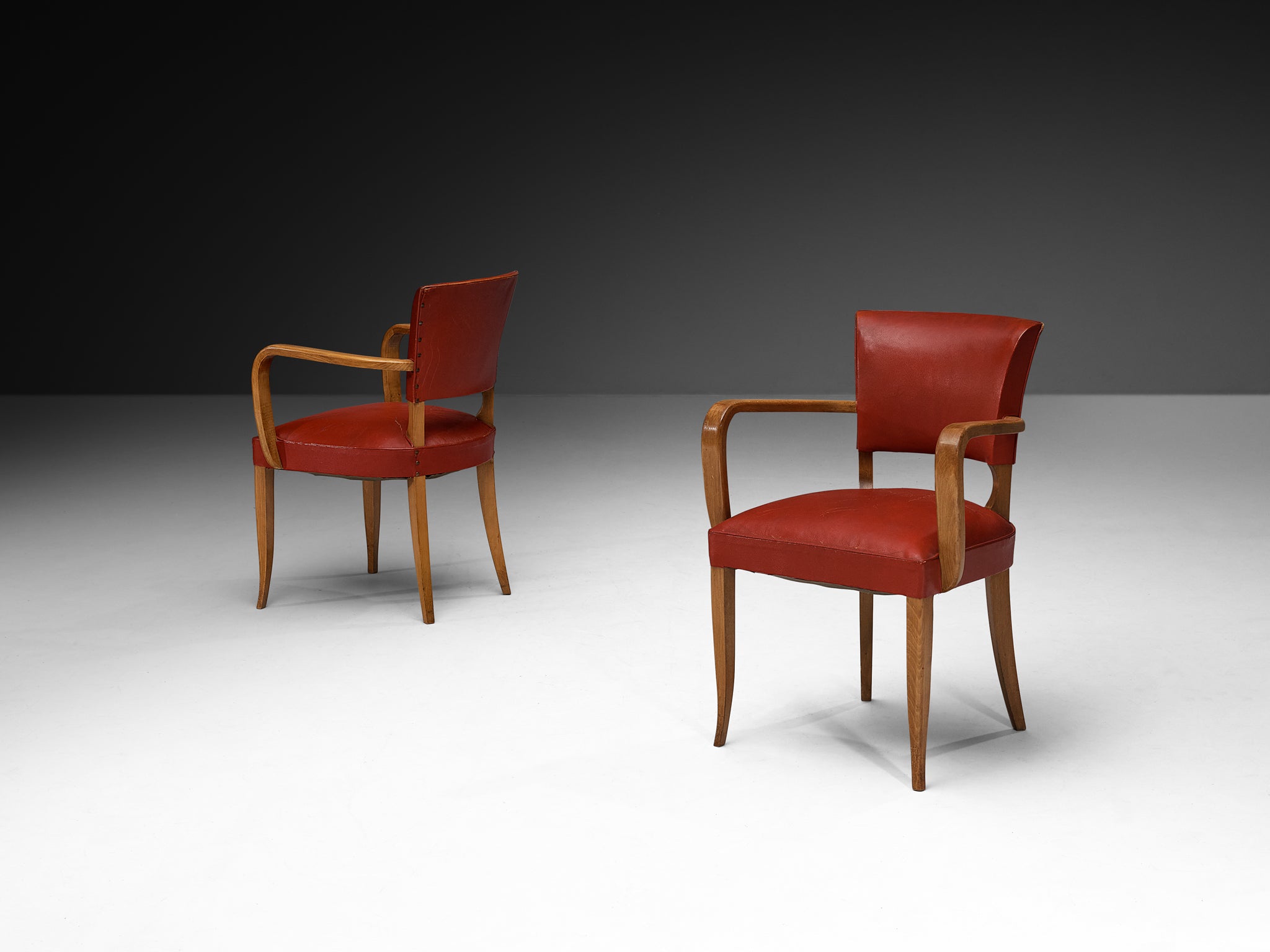 Set of Eight French Art Deco Armchairs in Wood and Red Leatherette Seating Morentz