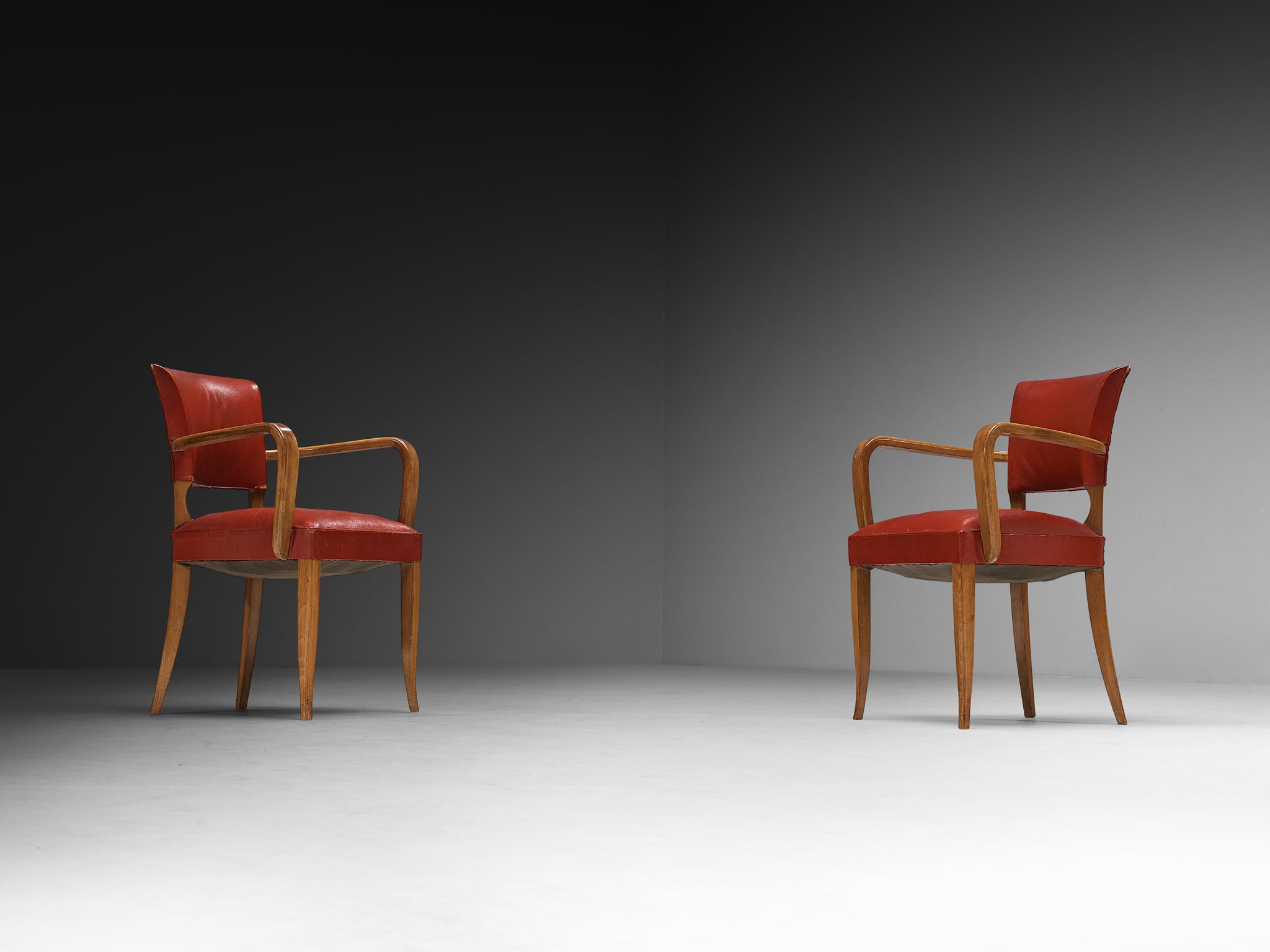 Set of Eight French Art Deco Armchairs in Wood and Red Leatherette Seating Morentz