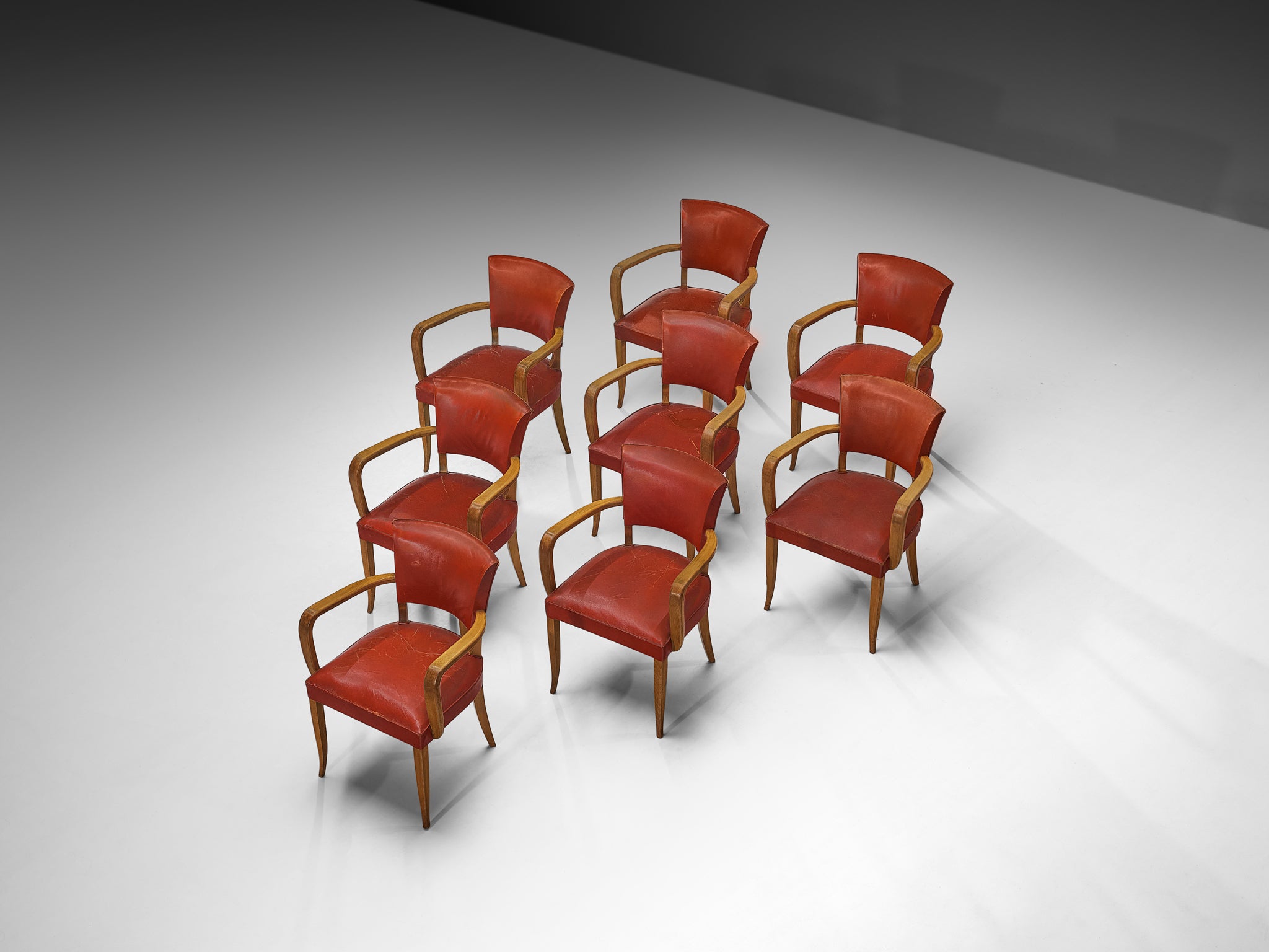 Set of Eight French Art Deco Armchairs in Wood and Red Leatherette Seating Morentz