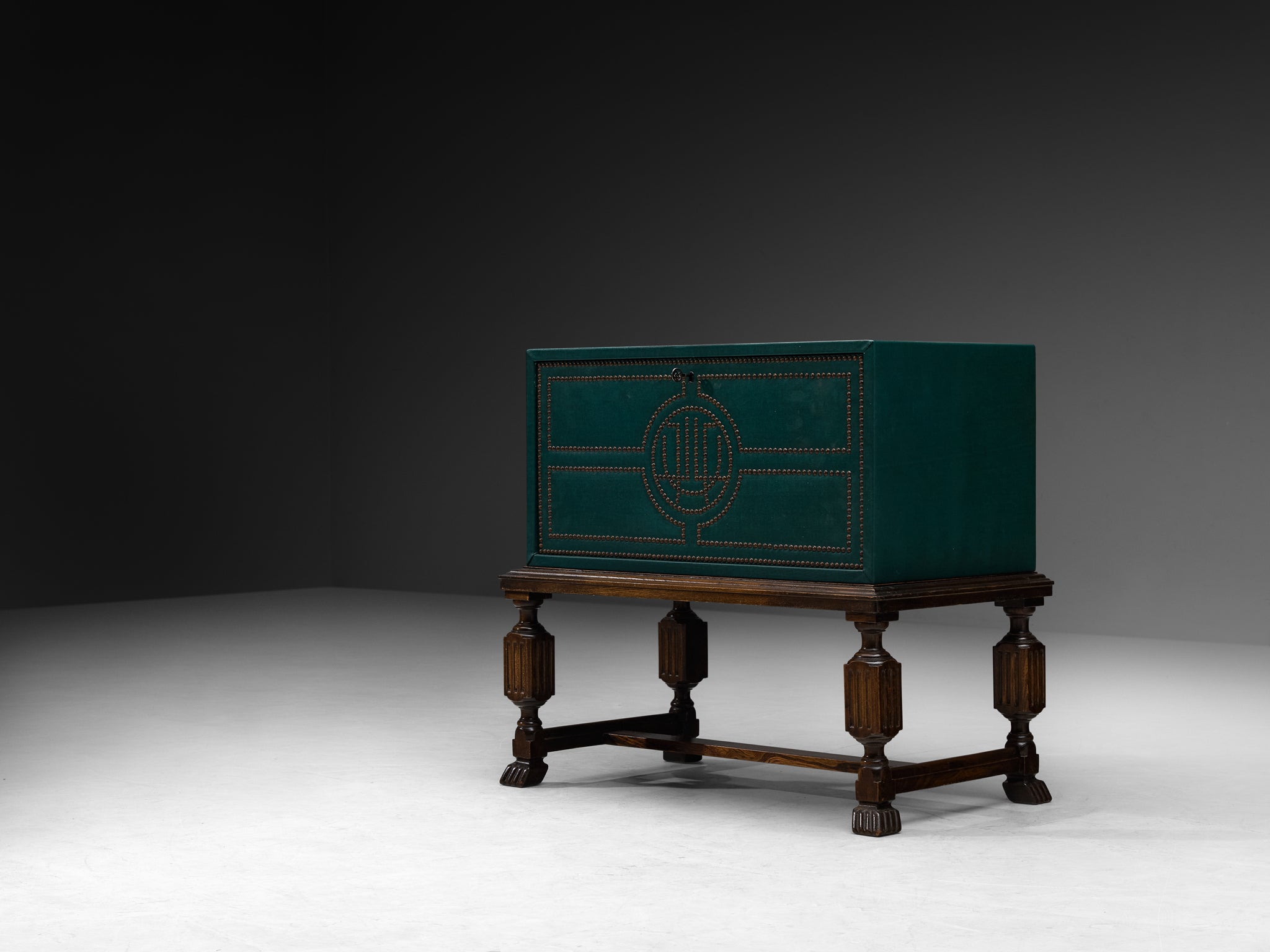 Otto Schulz for Boet Cabinet in Green Faux Leather, Oak, and Brass Nails Case pieces and storage cabinets Morentz