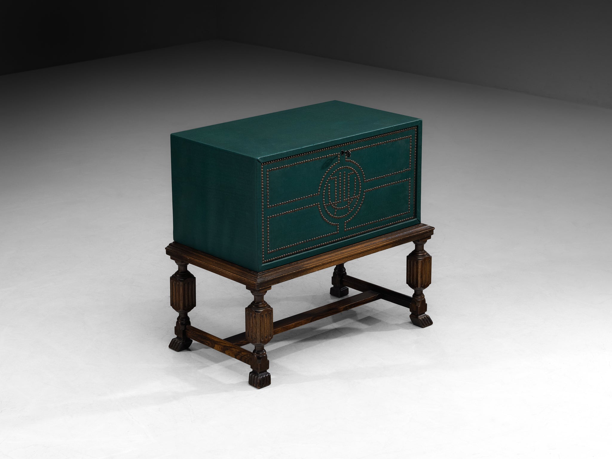 Otto Schulz for Boet Cabinet in Green Faux Leather, Oak, and Brass Nails Case pieces and storage cabinets Morentz