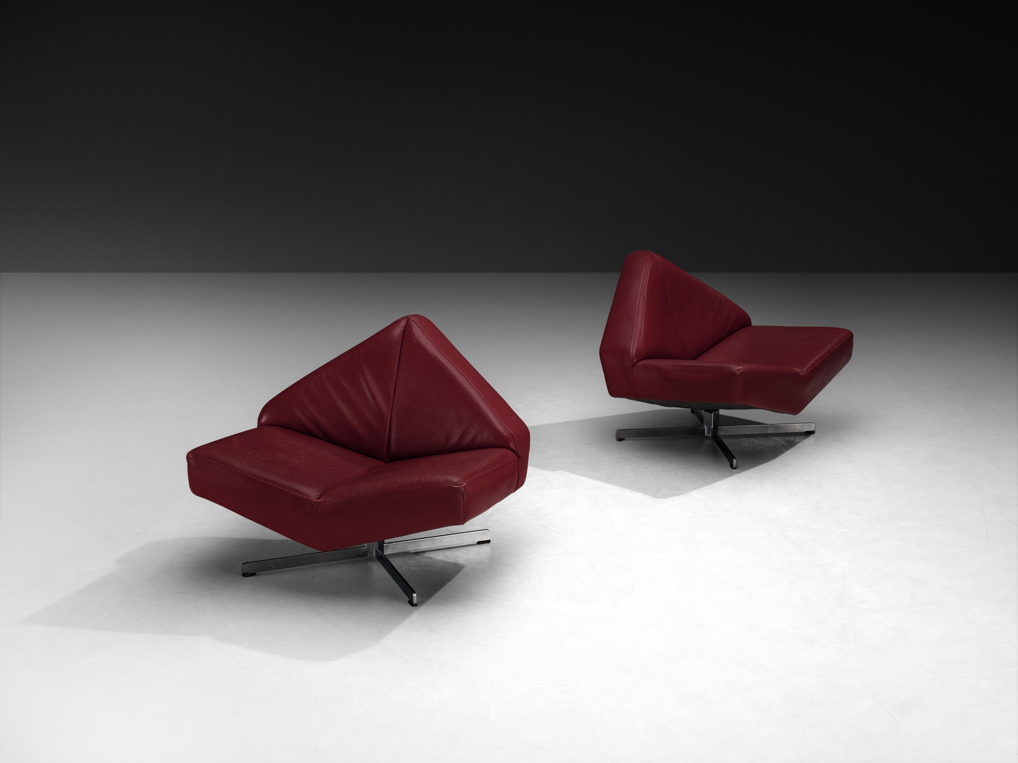 Pair of Rare Schmieder Angular Faceted 'Brasilia' Lounge Chairs in Cherry Red Leather and Steel Seating Morentz