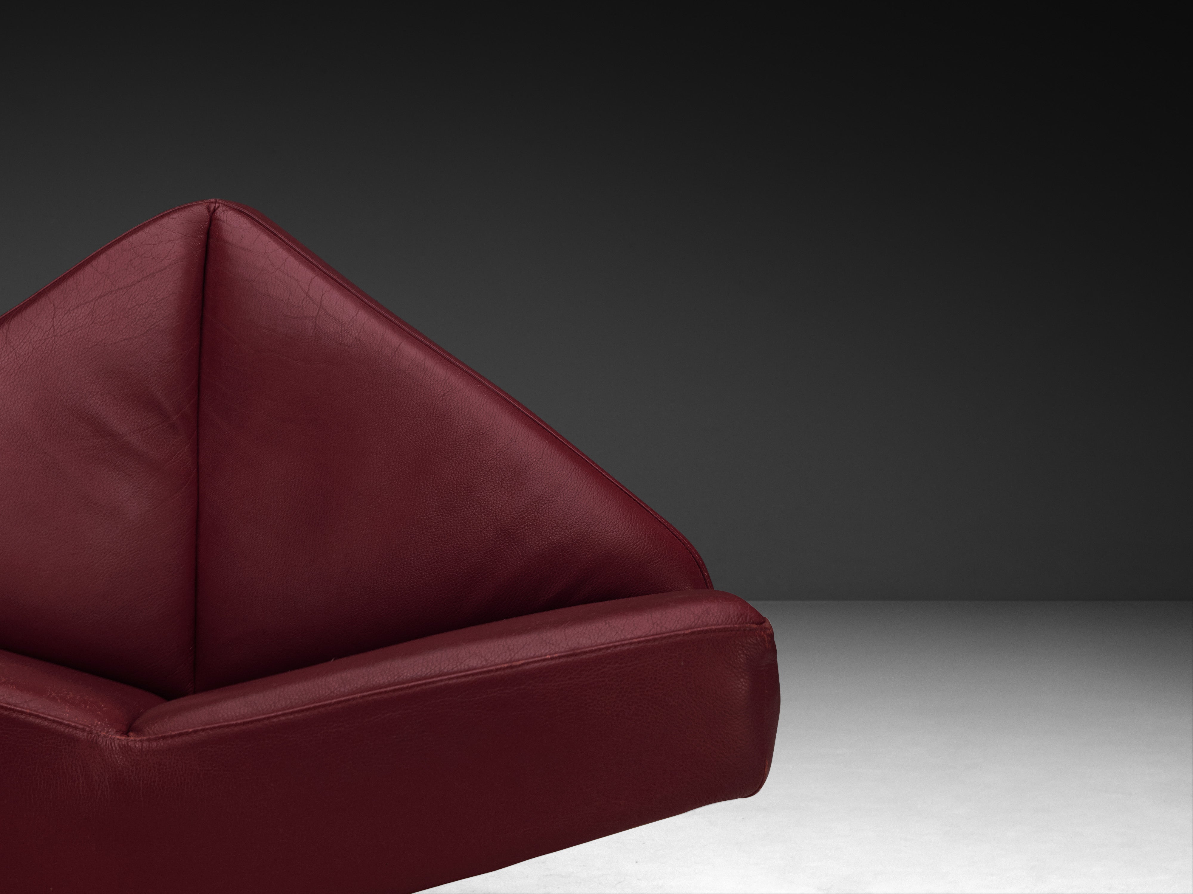 Pair of Rare Schmieder Angular Faceted 'Brasilia' Lounge Chairs in Cherry Red Leather and Steel Seating Morentz
