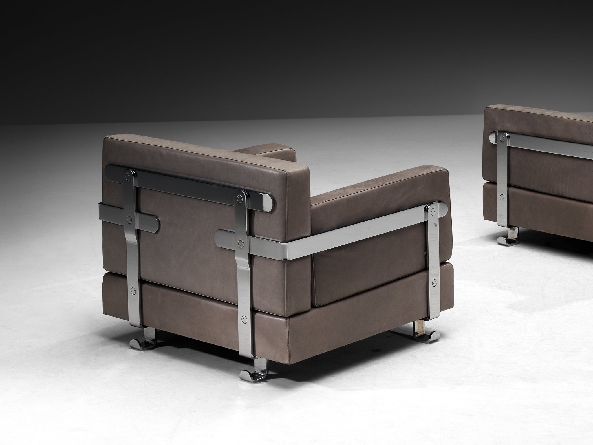Luigi Caccia Dominioni for Azucena Italian Lounge Chairs in Grey Leather and Steel Seating Morentz