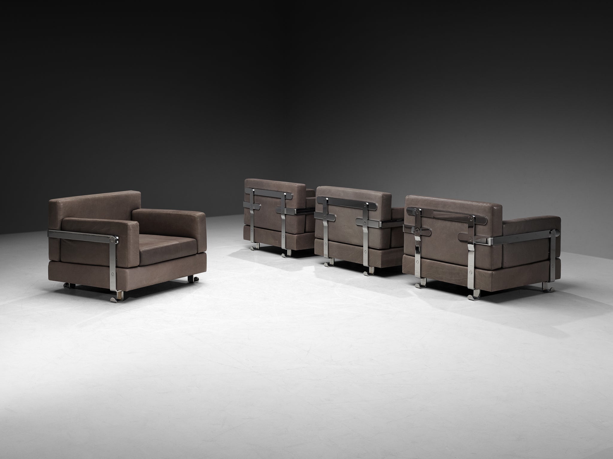 Luigi Caccia Dominioni for Azucena Italian Lounge Chairs in Grey Leather and Steel Seating Morentz