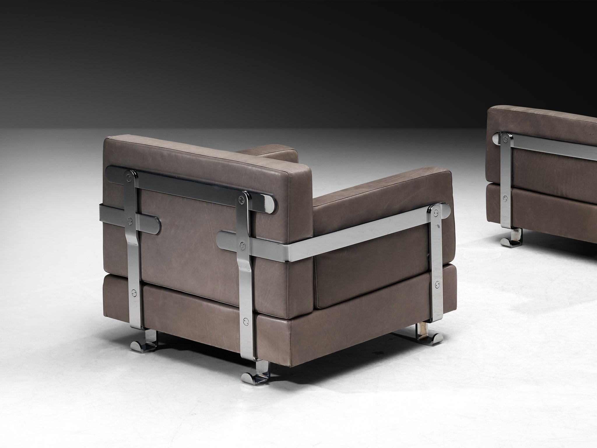 Luigi Caccia Dominioni for Azucena Italian Lounge Chairs in Grey Leather and Steel Seating Morentz