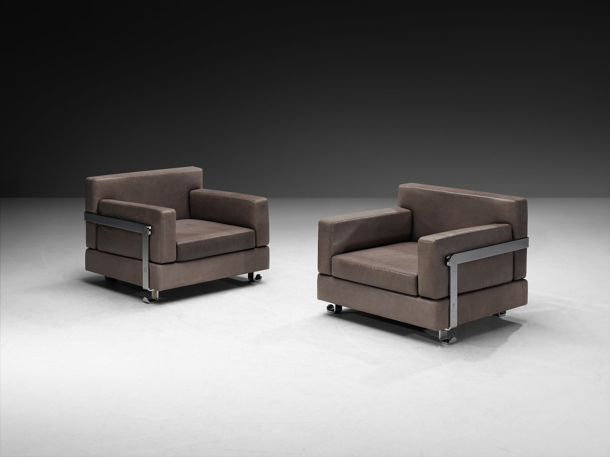 Luigi Caccia Dominioni for Azucena Italian Lounge Chairs in Grey Leather and Steel Seating Morentz