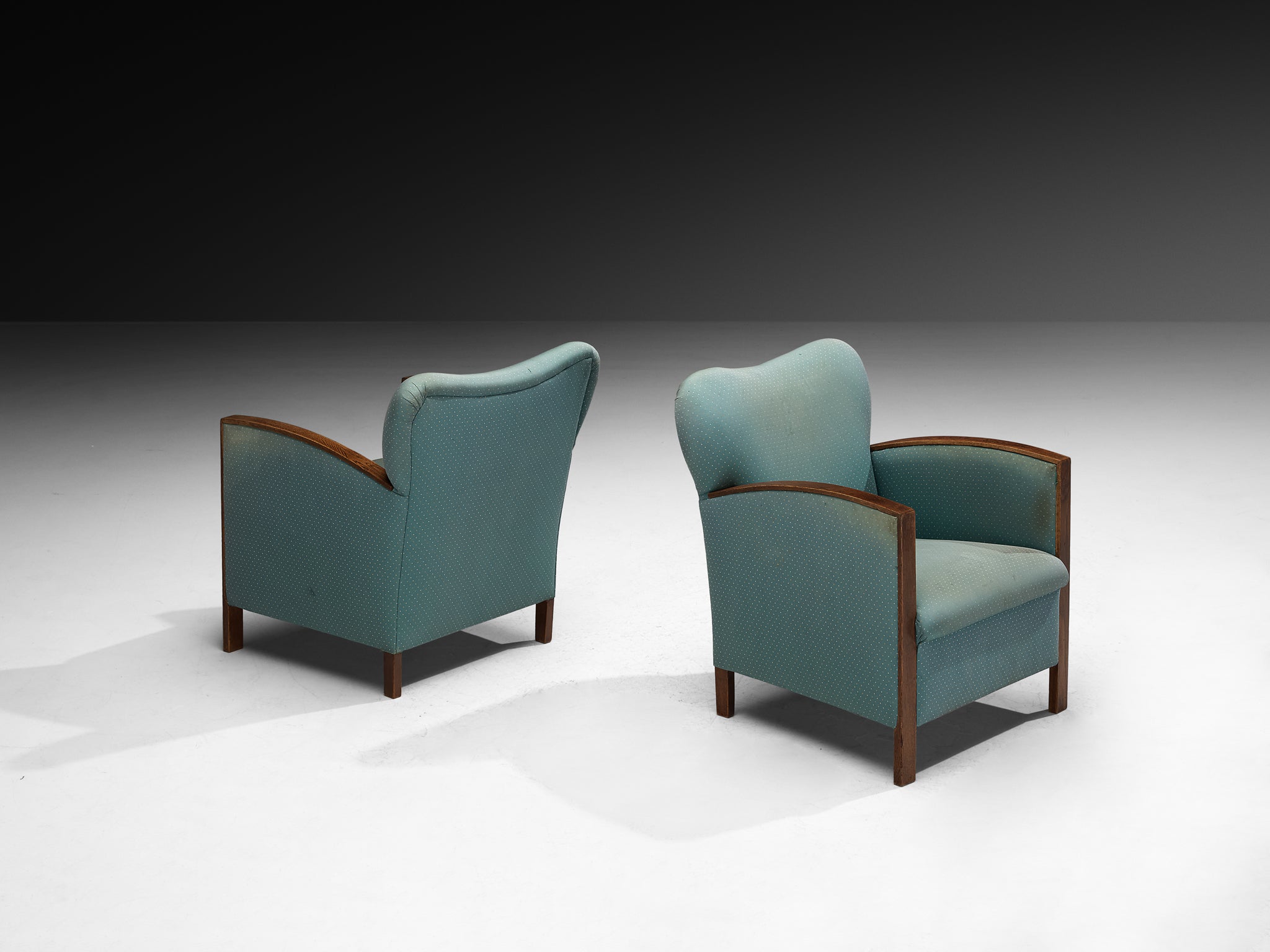 Pair of Art Deco Lounge Chairs in Oak and Soft Turquoise Fabric Seating Morentz