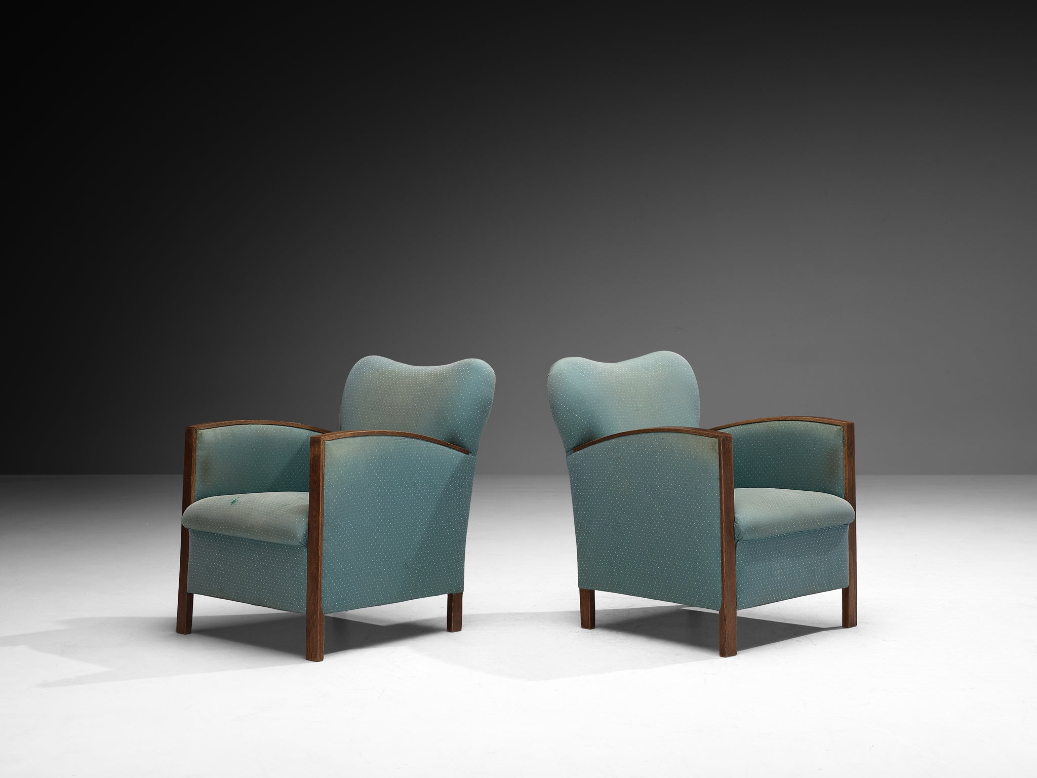 Pair of Art Deco Lounge Chairs in Oak and Soft Turquoise Fabric Seating Morentz