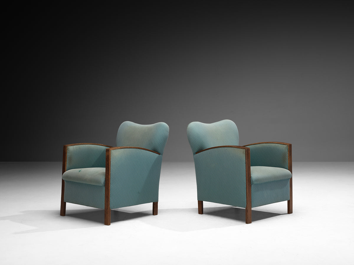 Pair of Art Deco Lounge Chairs in Oak and Soft Turquoise Fabric Seating Morentz
