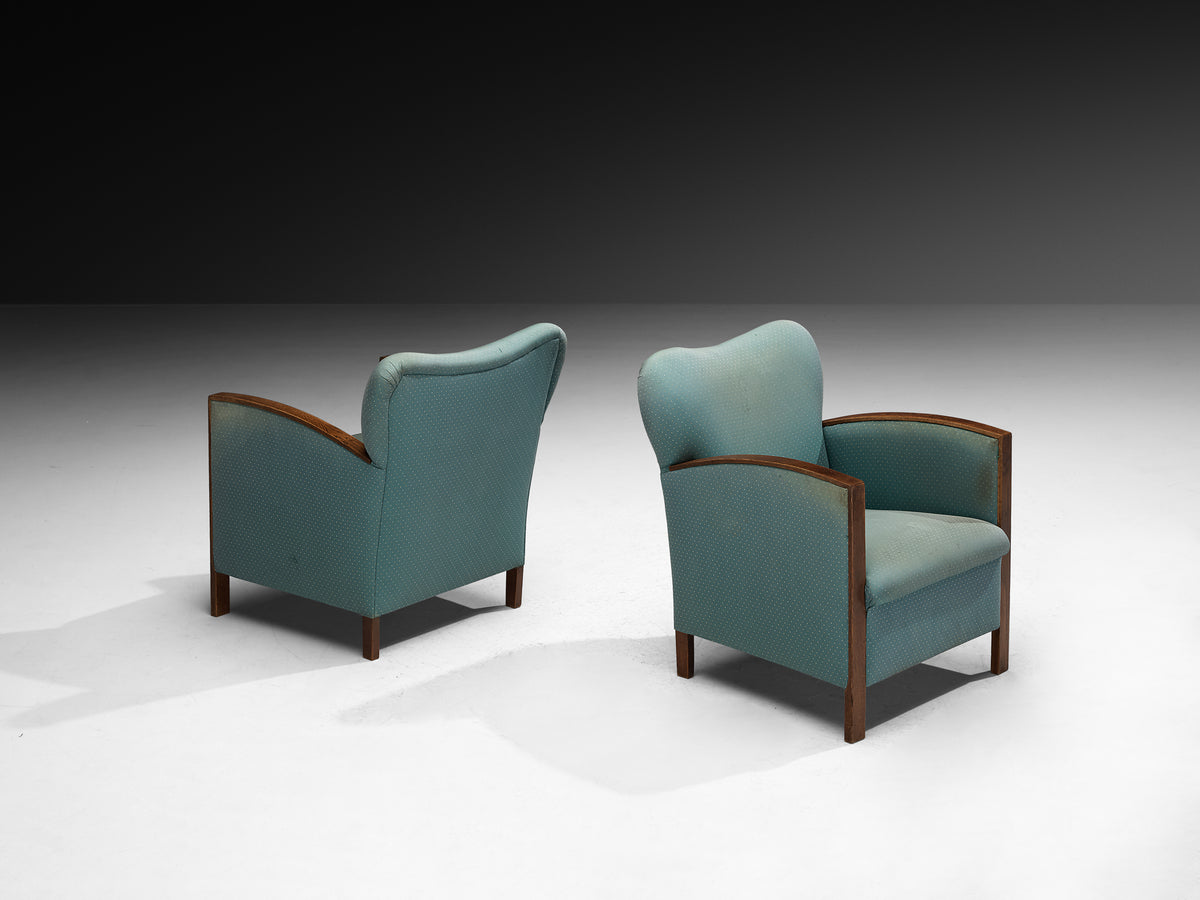 Pair of Art Deco Lounge Chairs in Oak and Soft Turquoise Fabric Seating Morentz