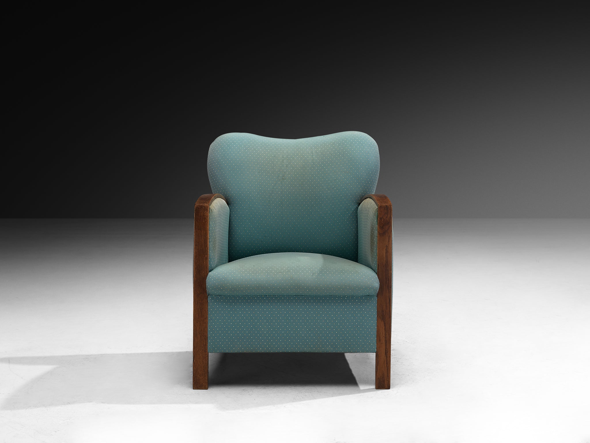Pair of Art Deco Lounge Chairs in Oak and Soft Turquoise Fabric Seating Morentz