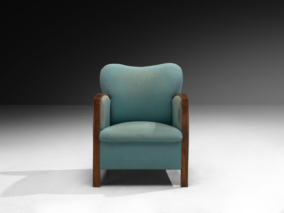 Pair of Art Deco Lounge Chairs in Oak and Soft Turquoise Fabric Seating Morentz