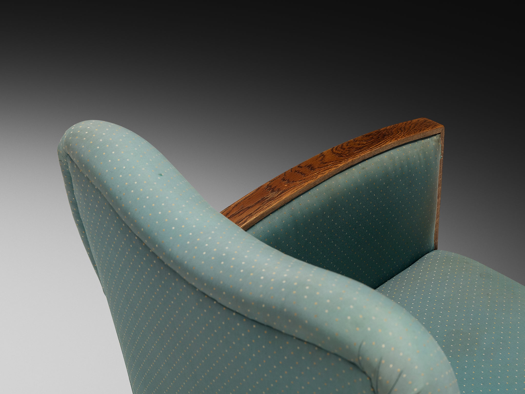 Pair of Art Deco Lounge Chairs in Oak and Soft Turquoise Fabric Seating Morentz