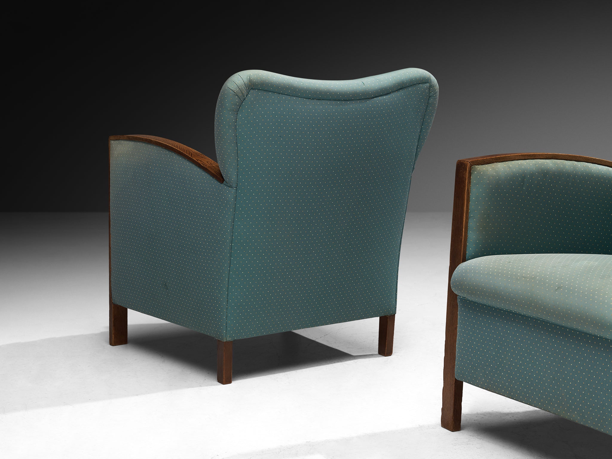 Pair of Art Deco Lounge Chairs in Oak and Soft Turquoise Fabric Seating Morentz