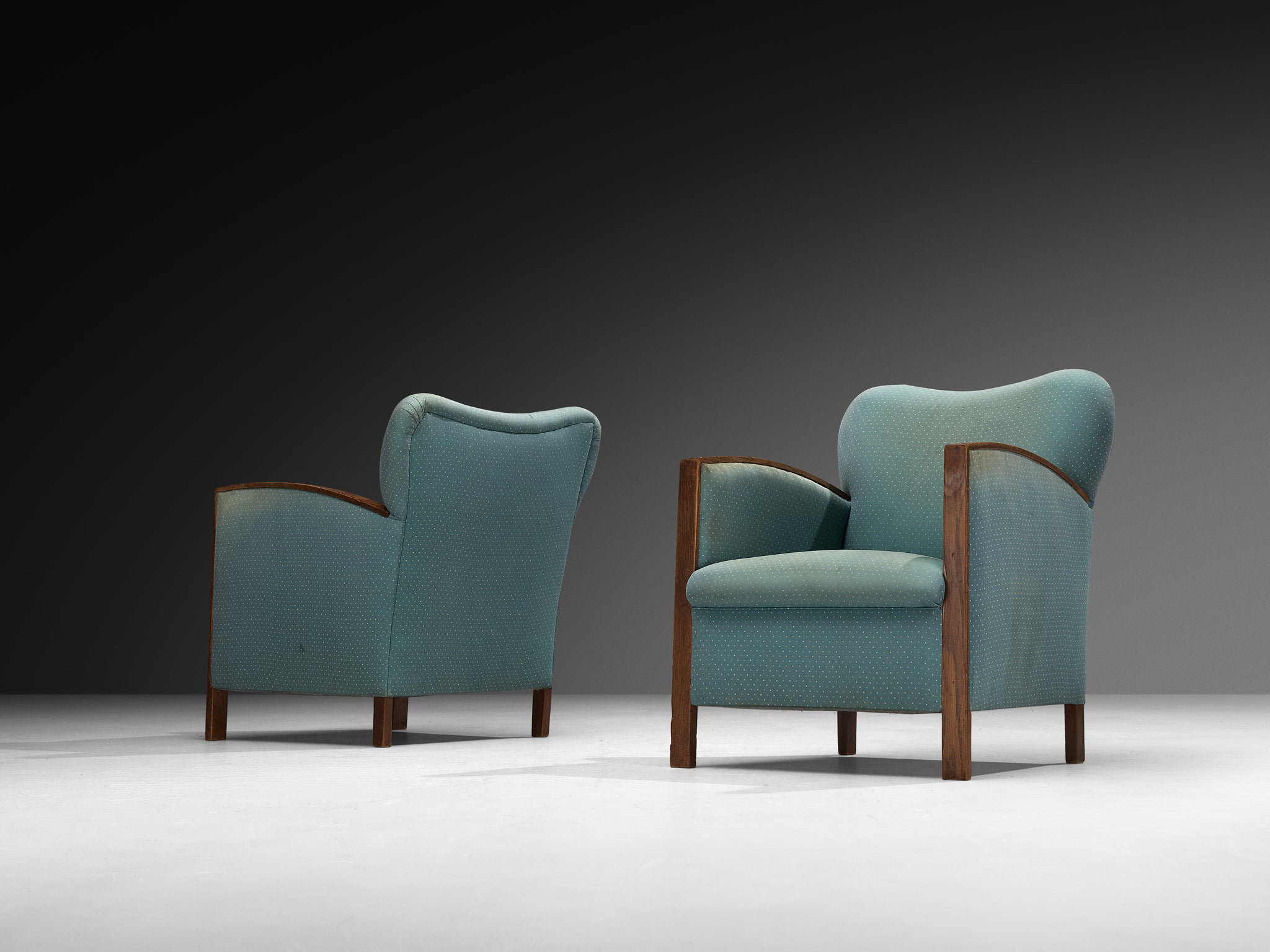 Pair of Art Deco Lounge Chairs in Oak and Soft Turquoise Fabric Seating Morentz