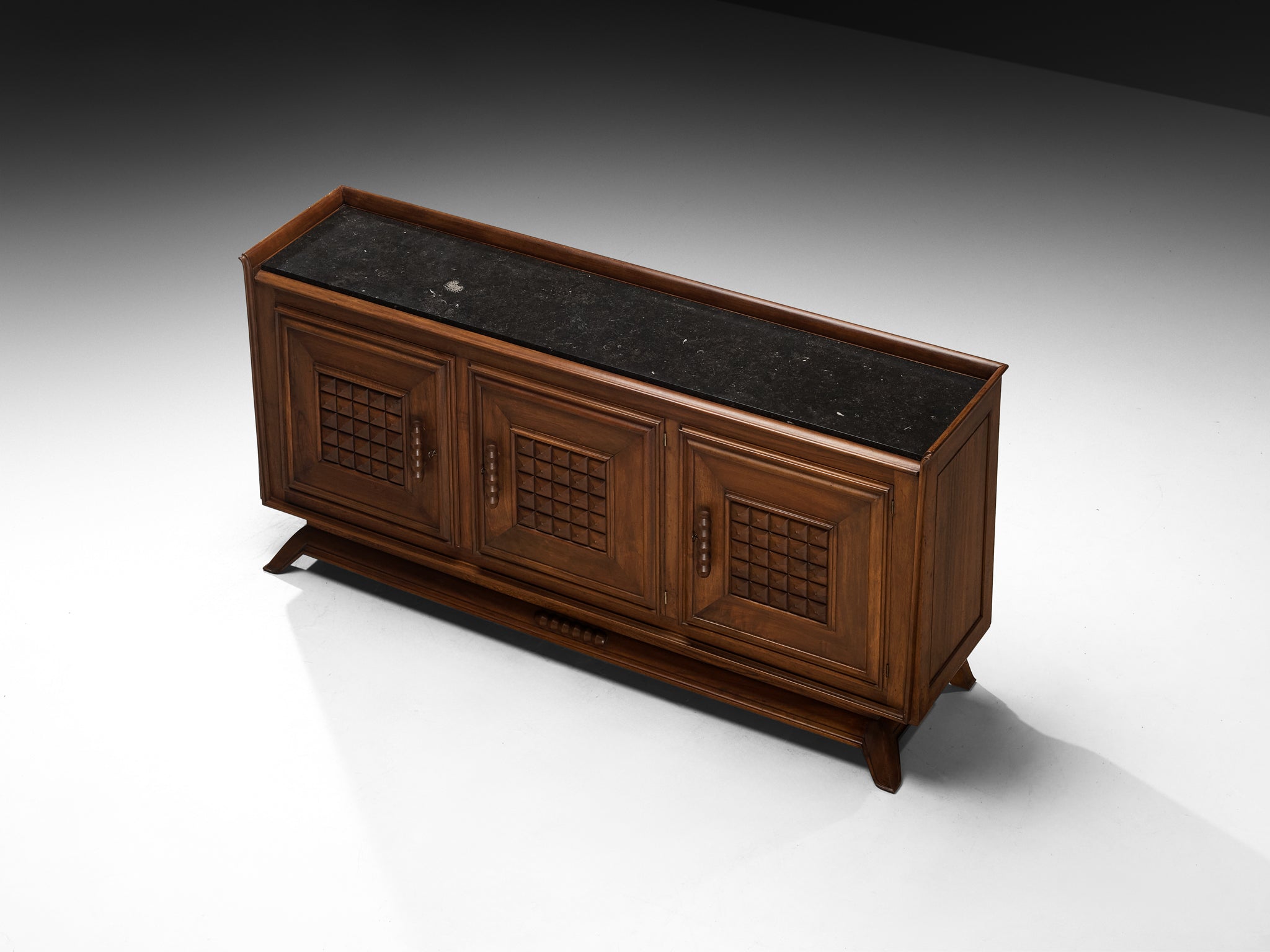 1940s French Art Deco Sideboard in Solid Walnut and Fossil Stone Case pieces and storage cabinets Morentz