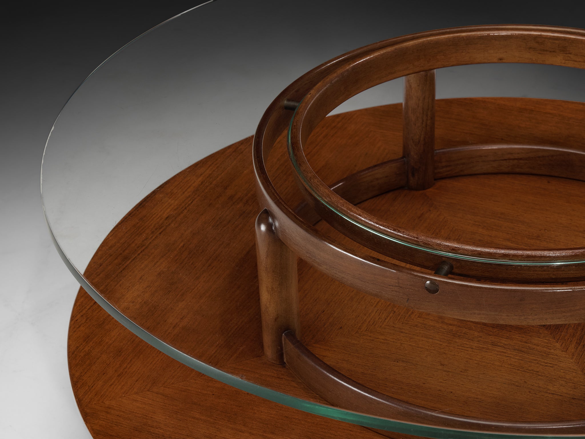Gianfranco Frattini Round Coffee Table in Walnut and Glass Tables Morentz